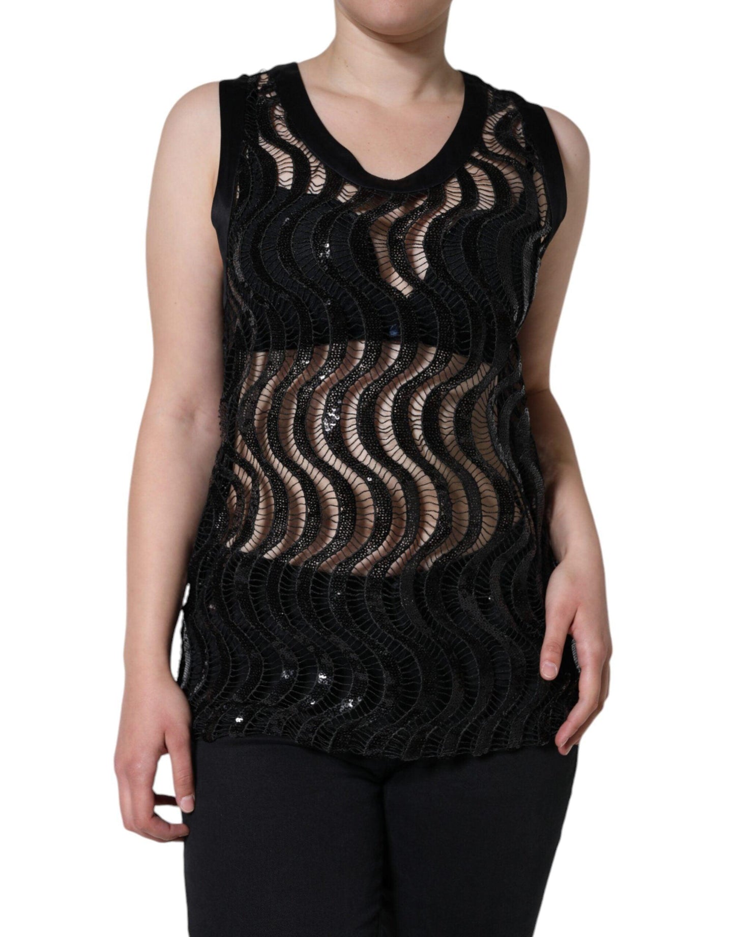 Dolce & Gabbana Black Sequin Sleeveless Tank Blouse Top - Arichezz.store