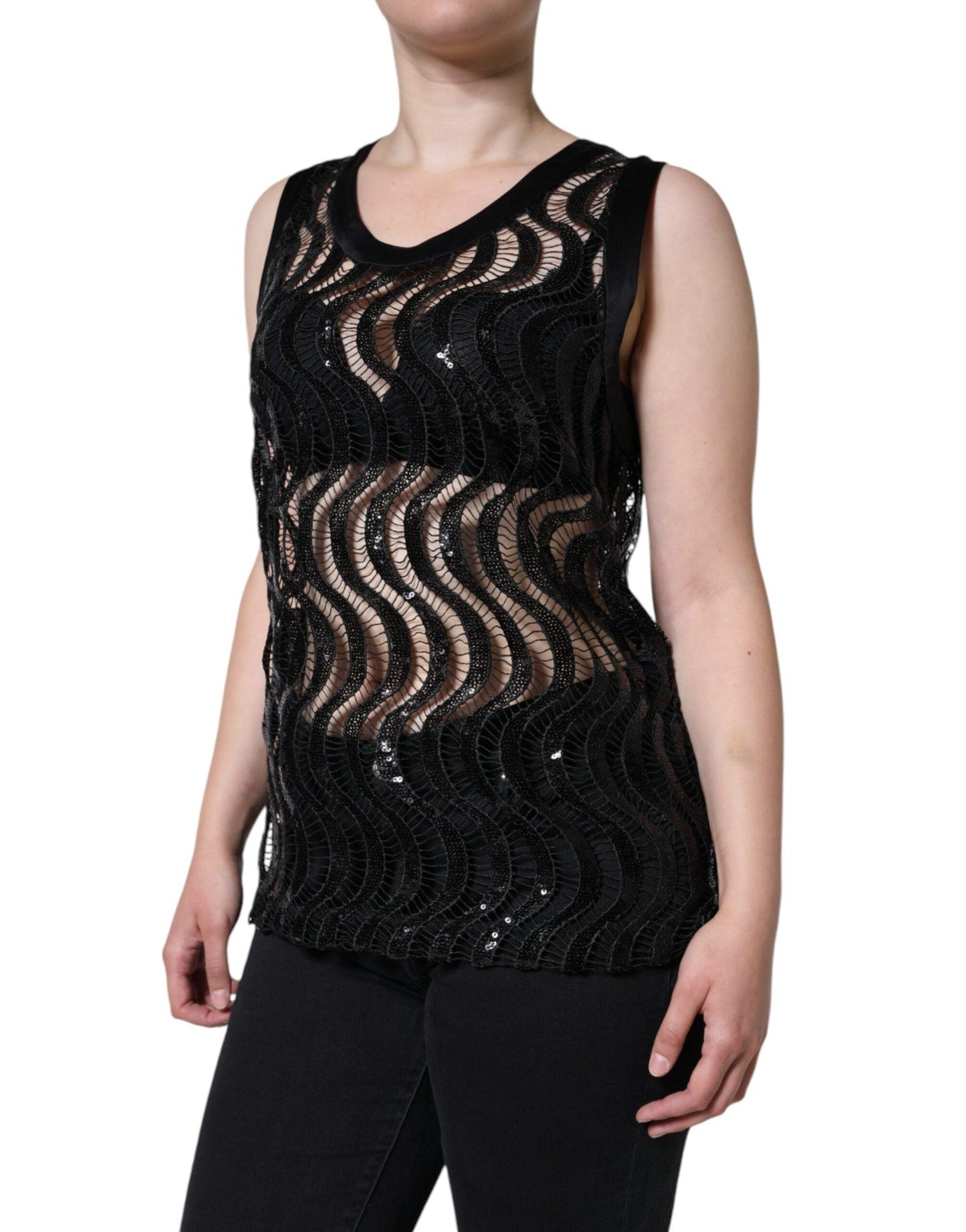 Dolce & Gabbana Black Sequin Sleeveless Tank Blouse Top - Arichezz.store