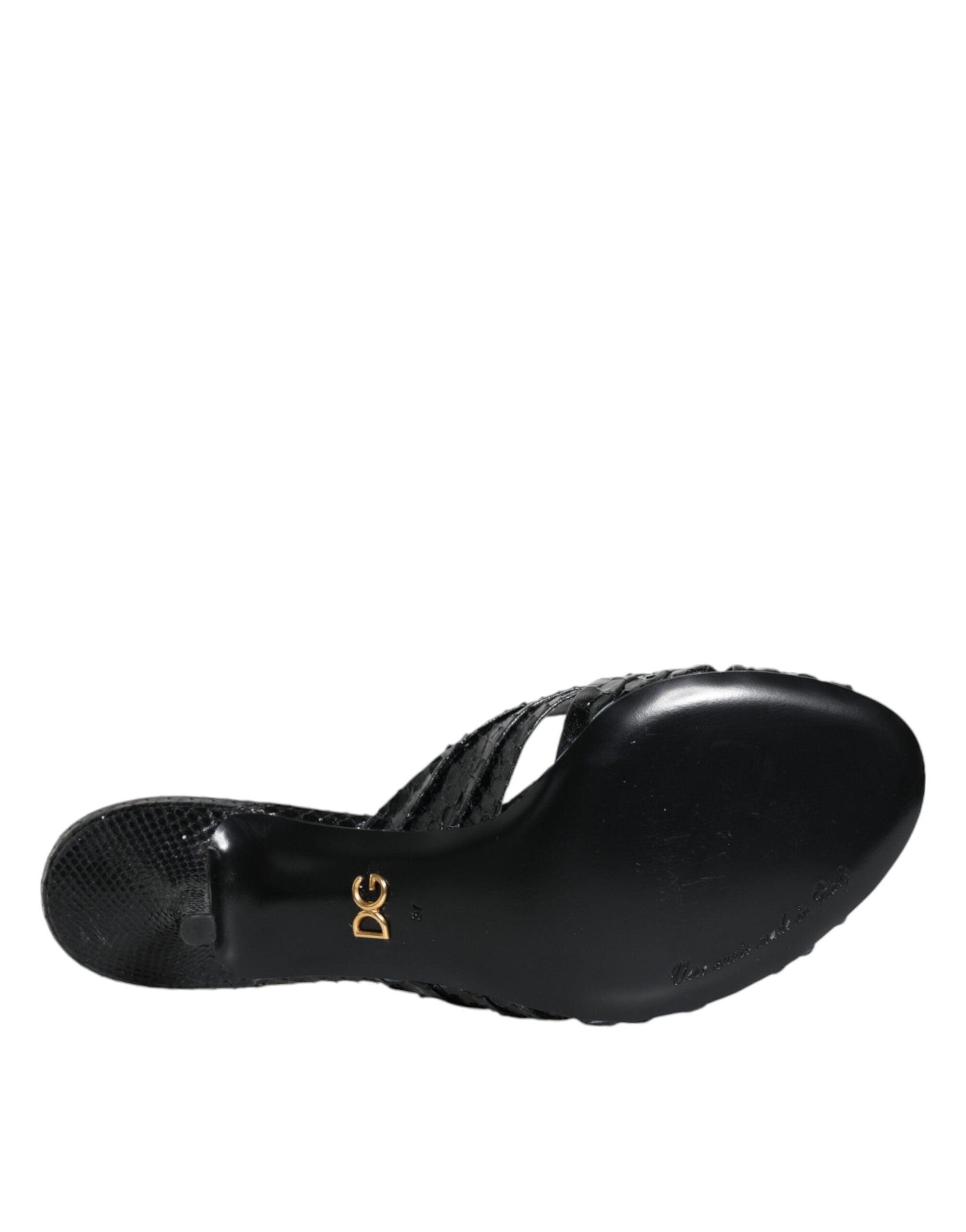 Dolce & Gabbana Black Leather Heels Slides Sandals Shoes - Arichezz.store