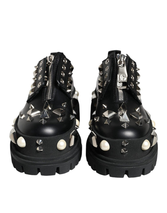 Dolce & Gabbana Black Leather Embellished Derby Formal Shoes - Arichezz.store