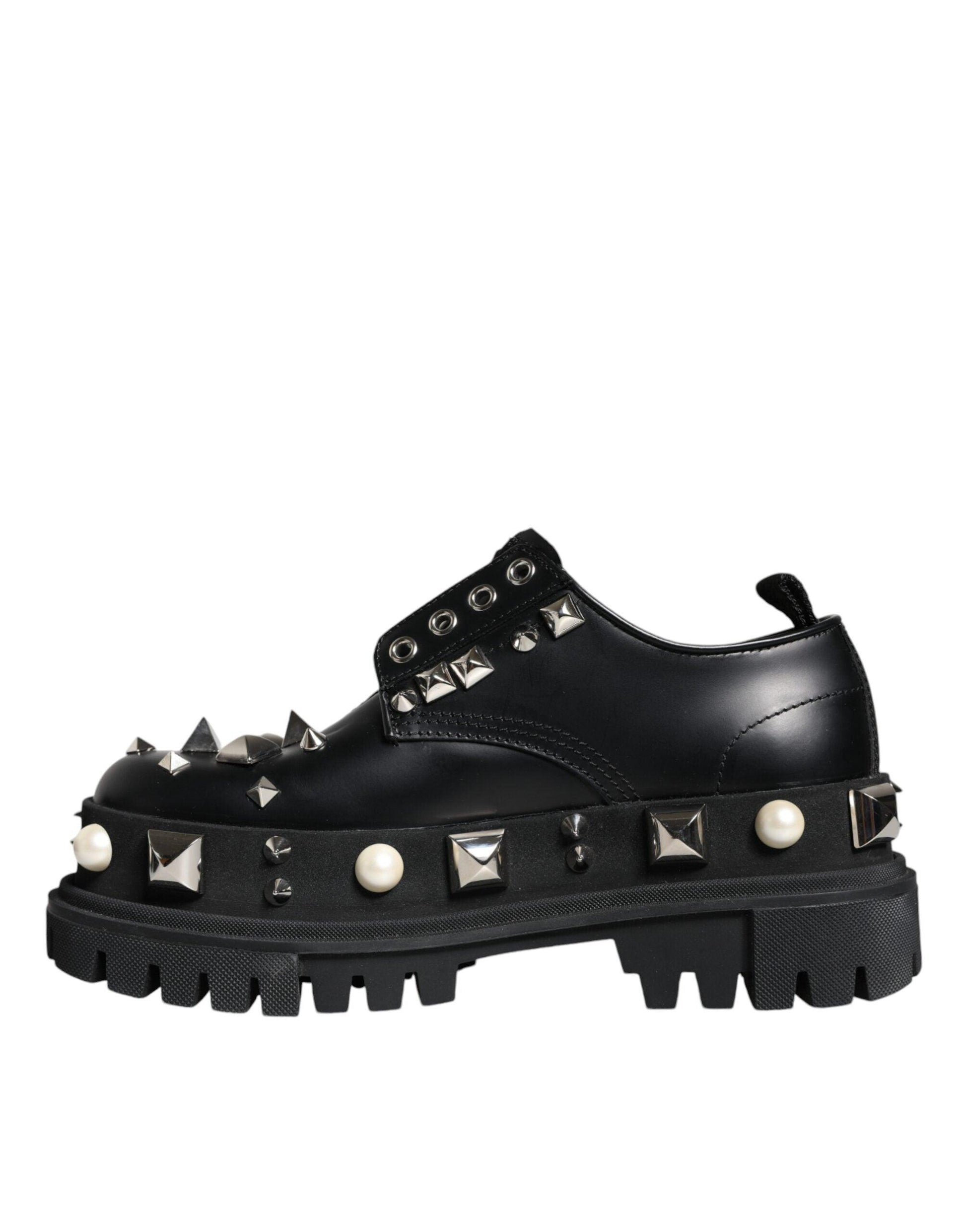 Dolce & Gabbana Black Leather Embellished Derby Formal Shoes - Arichezz.store