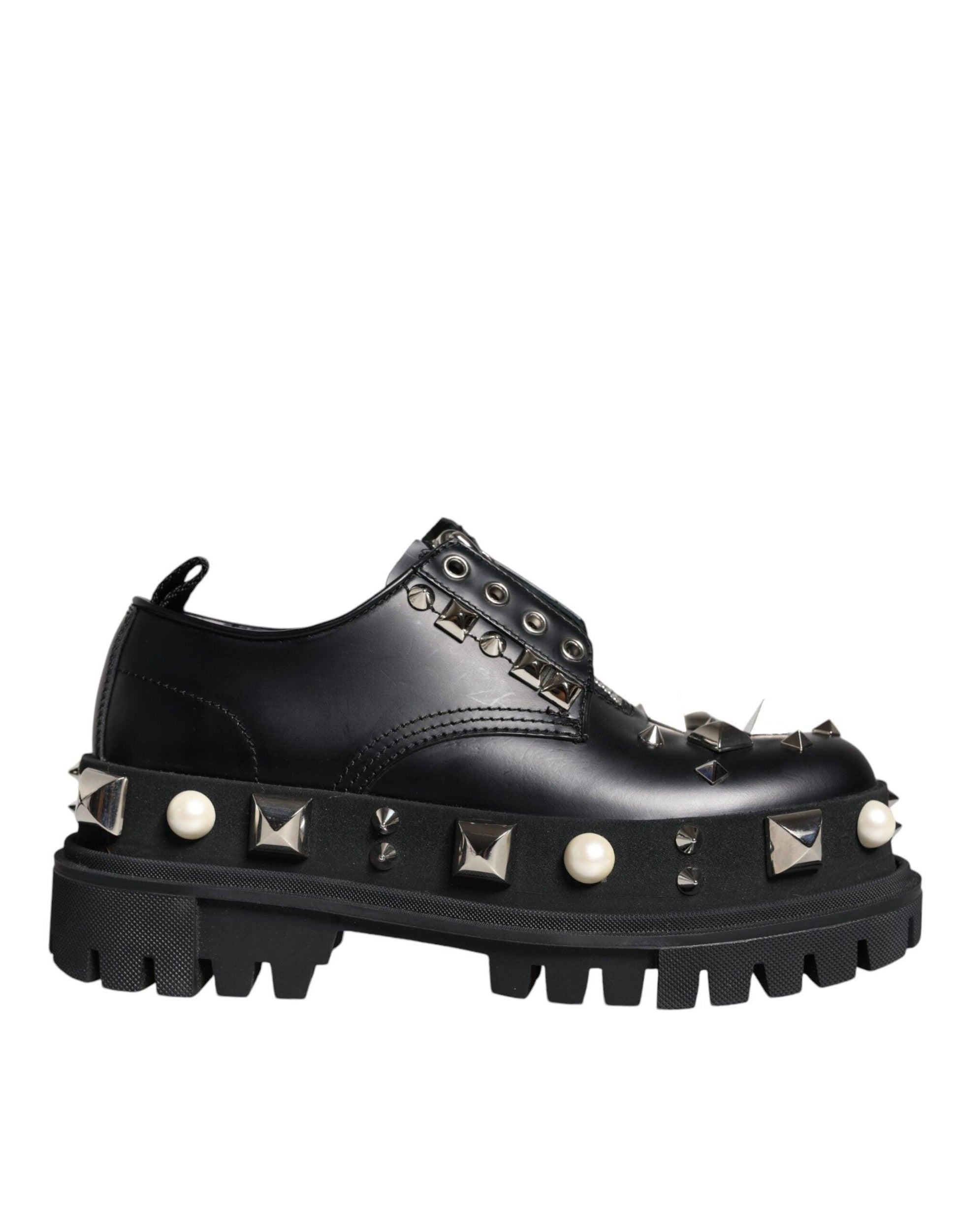 Dolce & Gabbana Black Leather Embellished Derby Formal Shoes - Arichezz.store