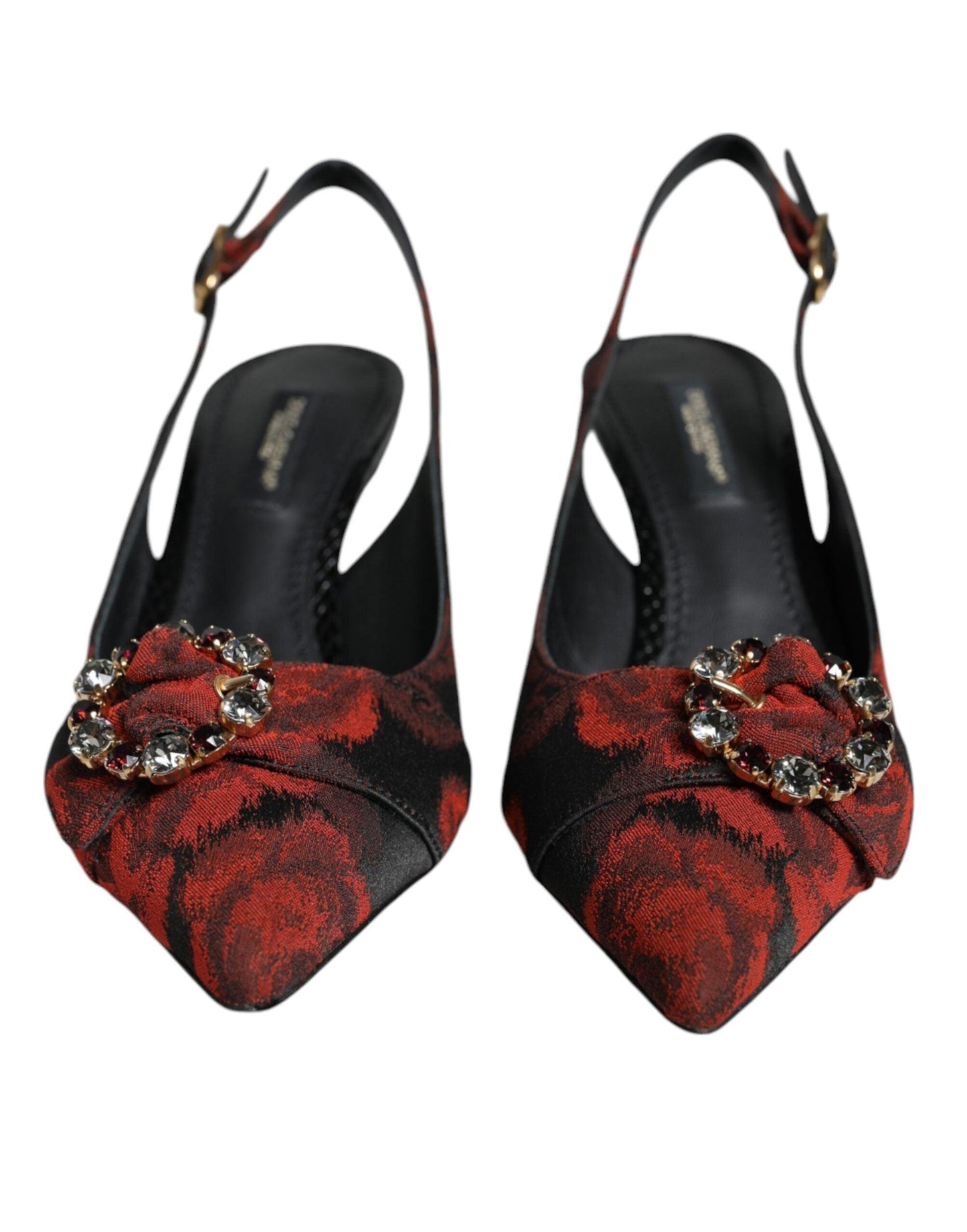 Dolce & Gabbana Black Red Floral Crystal Heel Slingback Shoes - Arichezz.store