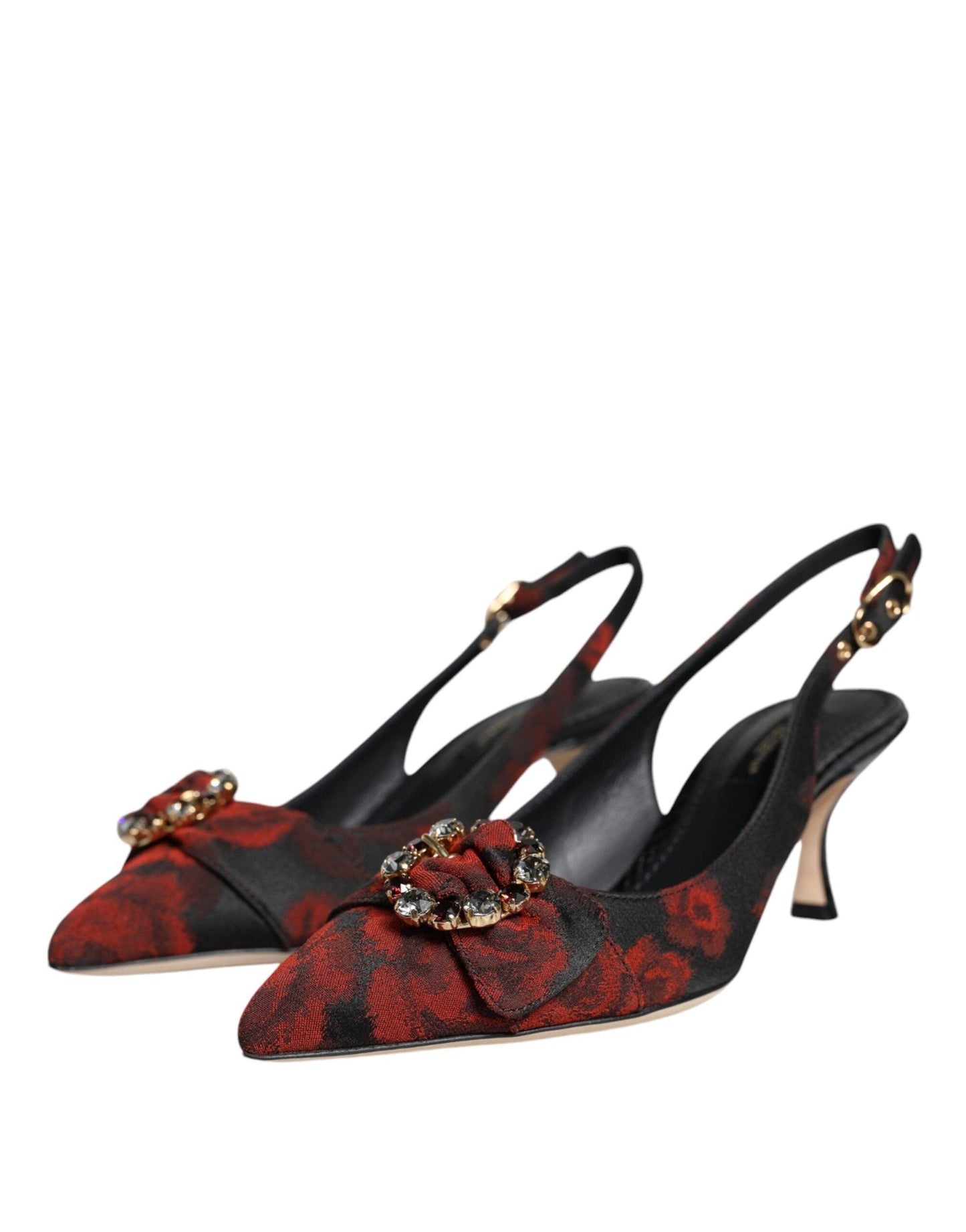 Dolce & Gabbana Black Red Floral Crystal Heel Slingback Shoes - Arichezz.store