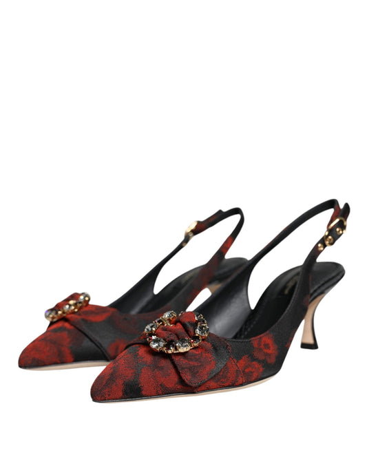 Dolce & Gabbana Black Red Floral Crystal Heel Slingback Shoes - Arichezz.store