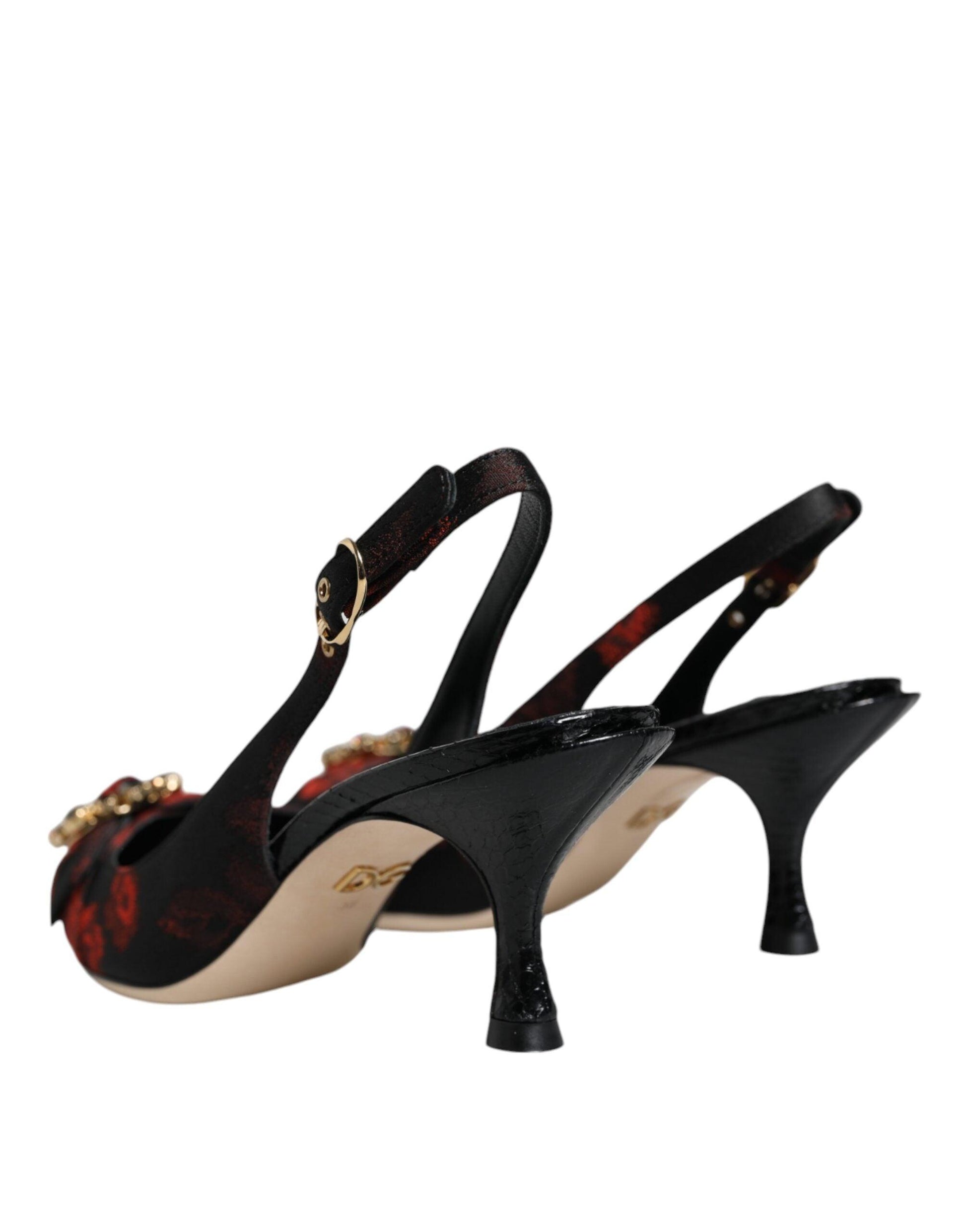 Dolce & Gabbana Black Red Floral Crystal Heel Slingback Shoes - Arichezz.store