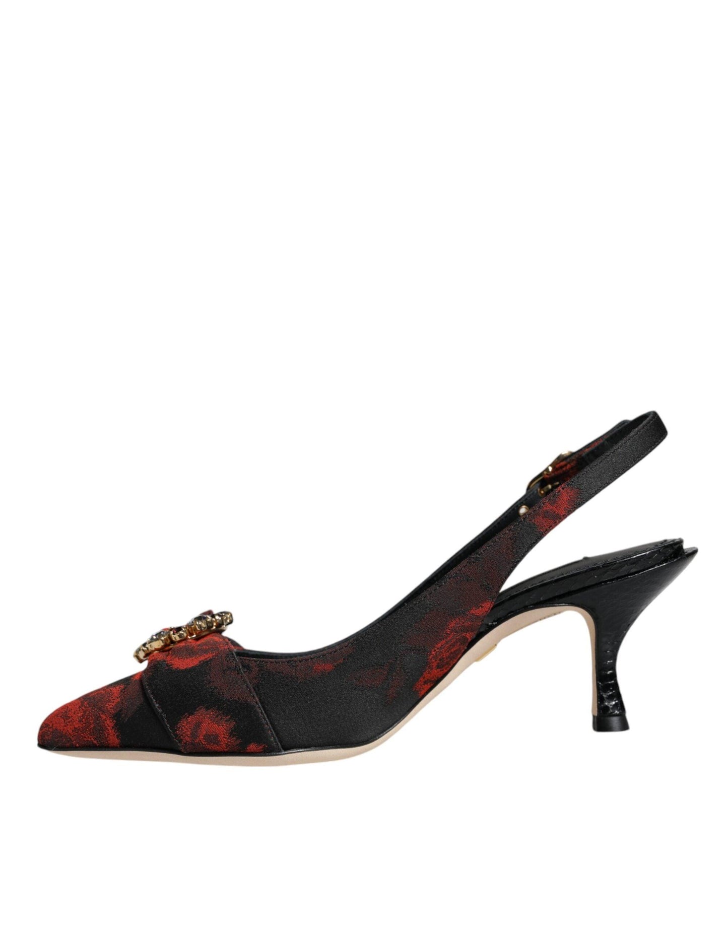 Dolce & Gabbana Black Red Floral Crystal Heel Slingback Shoes - Arichezz.store