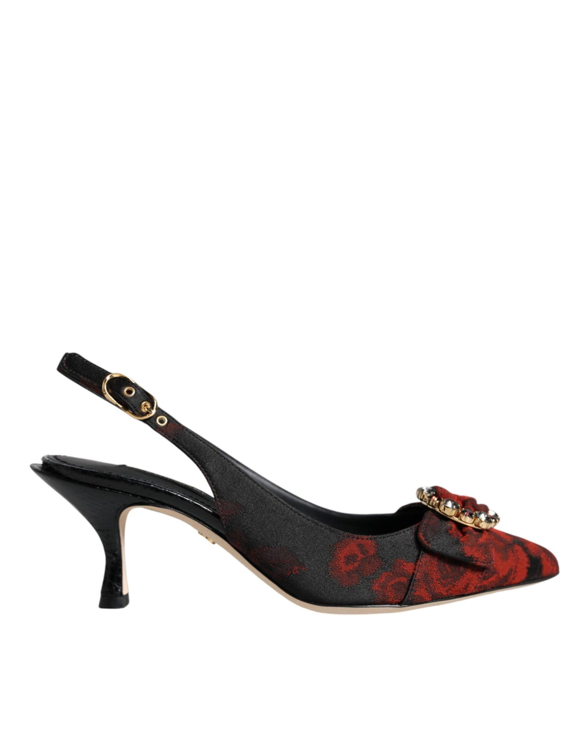 Dolce & Gabbana Black Red Floral Crystal Heel Slingback Shoes - Arichezz.store