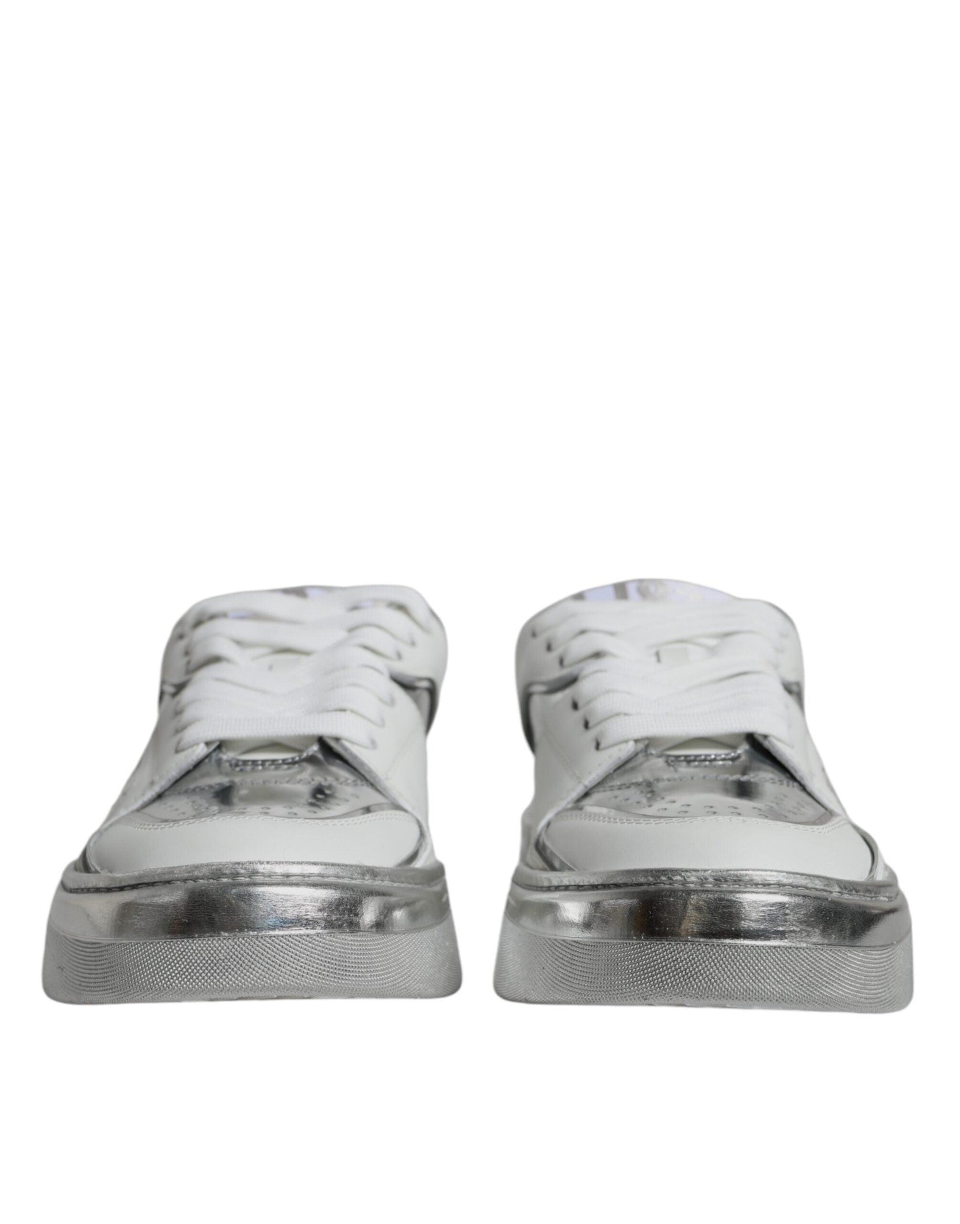 Dolce & Gabbana White Silver Leather Low Top Sneakers Shoes - Arichezz.store