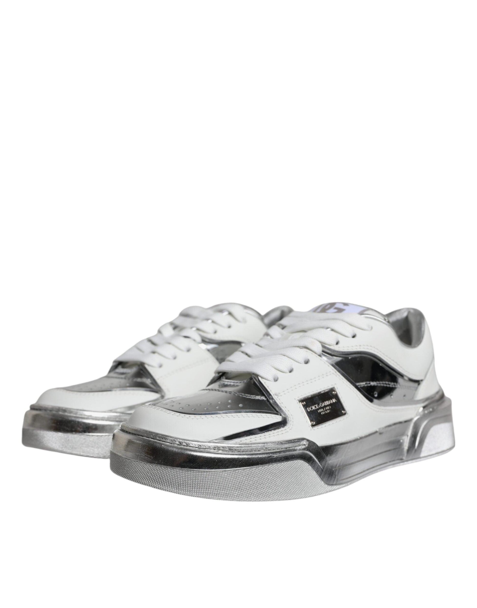 Dolce & Gabbana White Silver Leather Low Top Sneakers Shoes - Arichezz.store