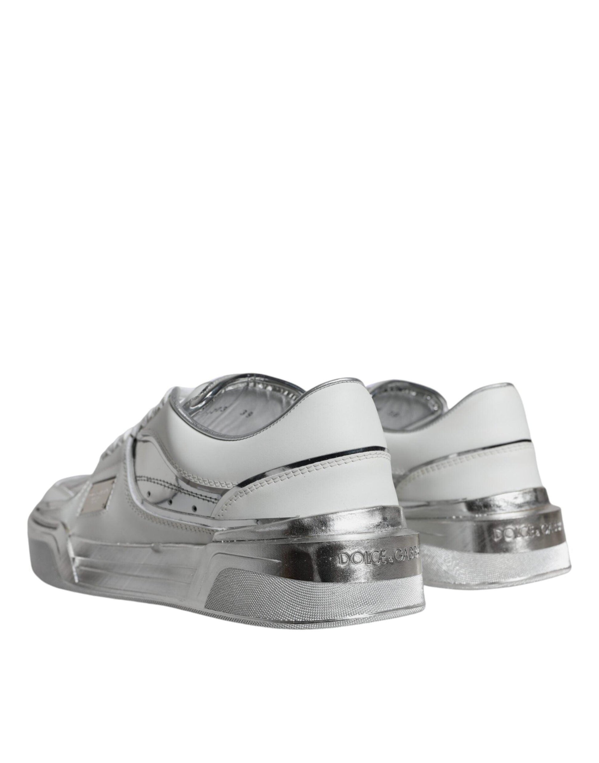 Dolce & Gabbana White Silver Leather Low Top Sneakers Shoes - Arichezz.store