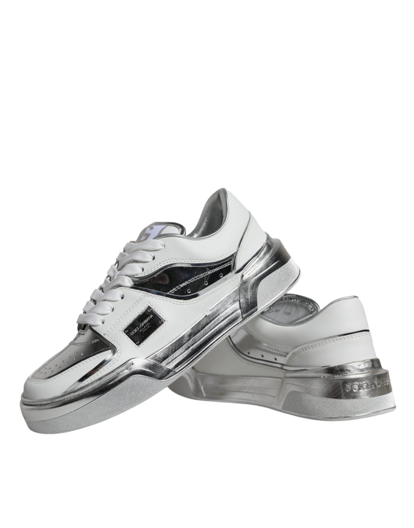 Dolce & Gabbana White Silver Leather Low Top Sneakers Shoes - Arichezz.store