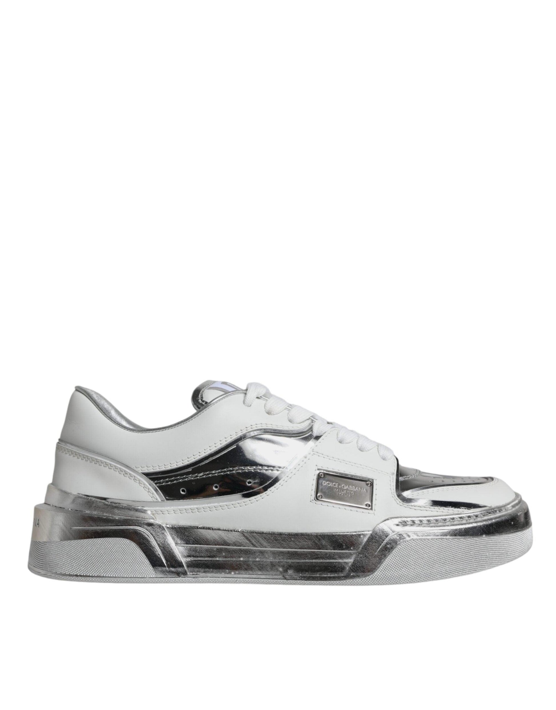 Dolce & Gabbana White Silver Leather Low Top Sneakers Shoes - Arichezz.store