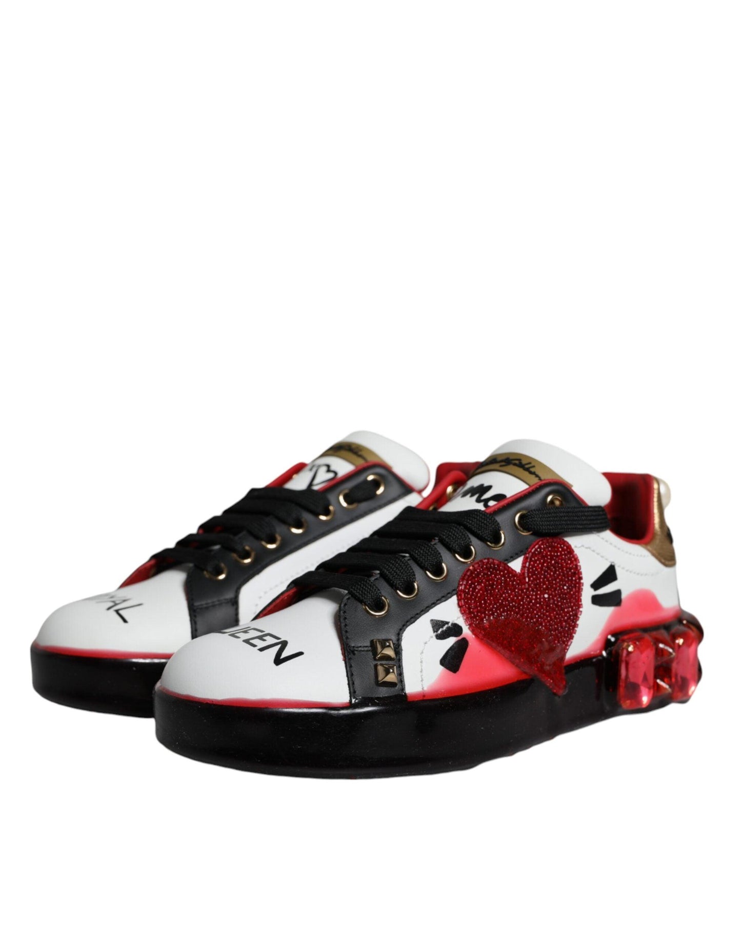 Dolce & Gabbana White Red Crystals Leather Portofino Sneakers Shoes - Arichezz.store