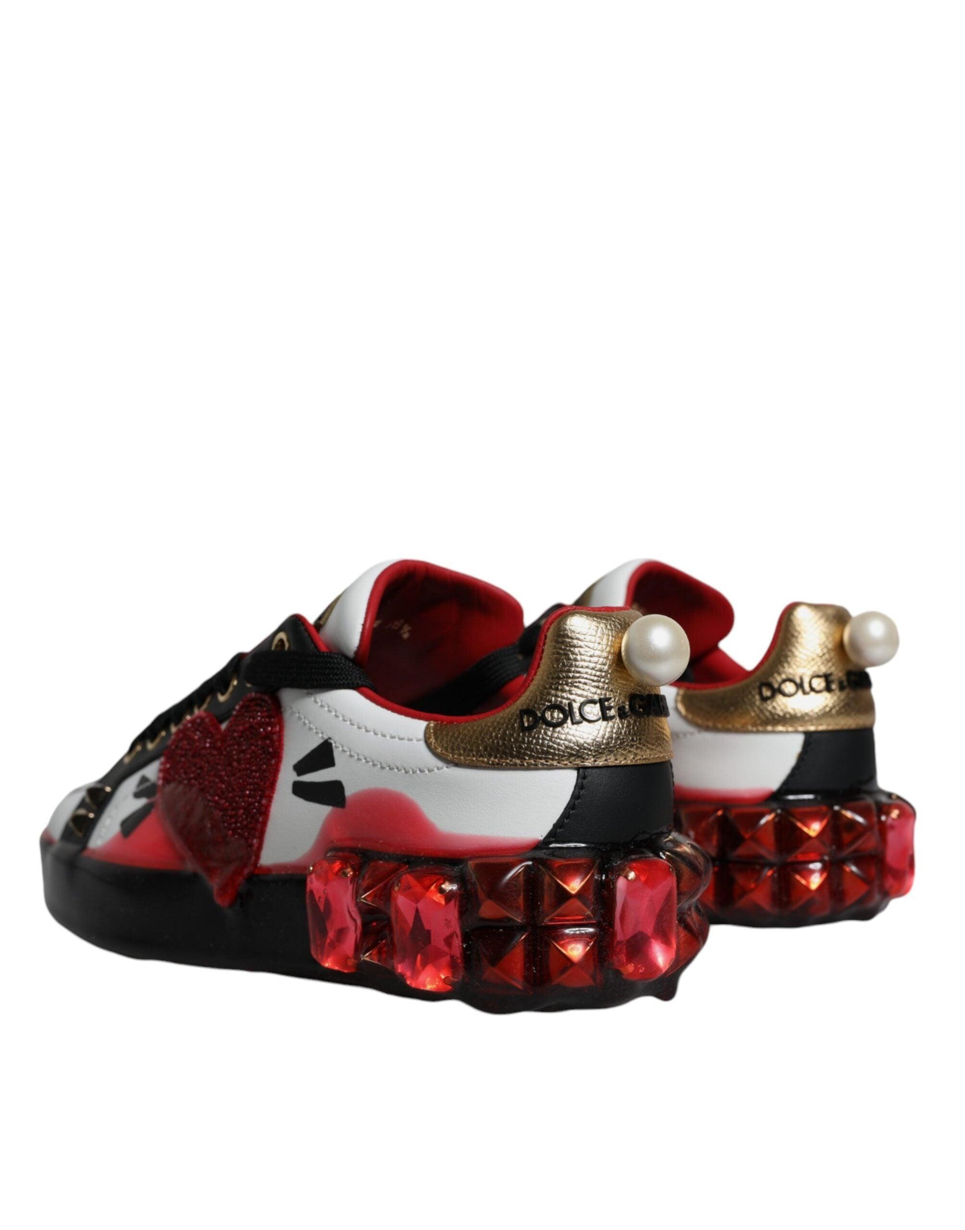 Dolce & Gabbana White Red Crystals Leather Portofino Sneakers Shoes - Arichezz.store