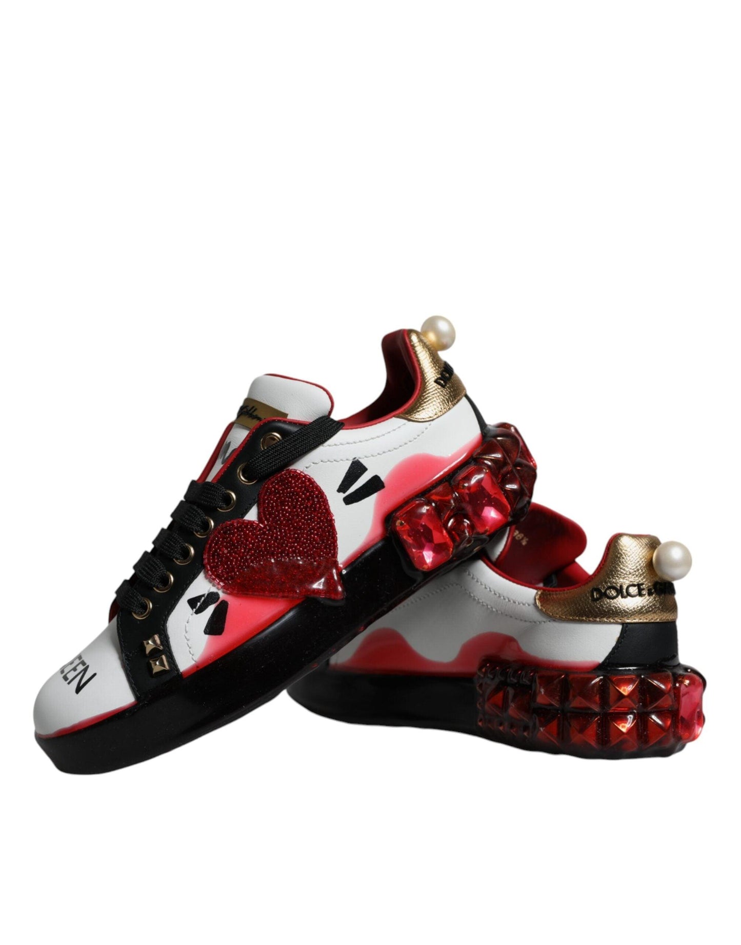 Dolce & Gabbana White Red Crystals Leather Portofino Sneakers Shoes - Arichezz.store