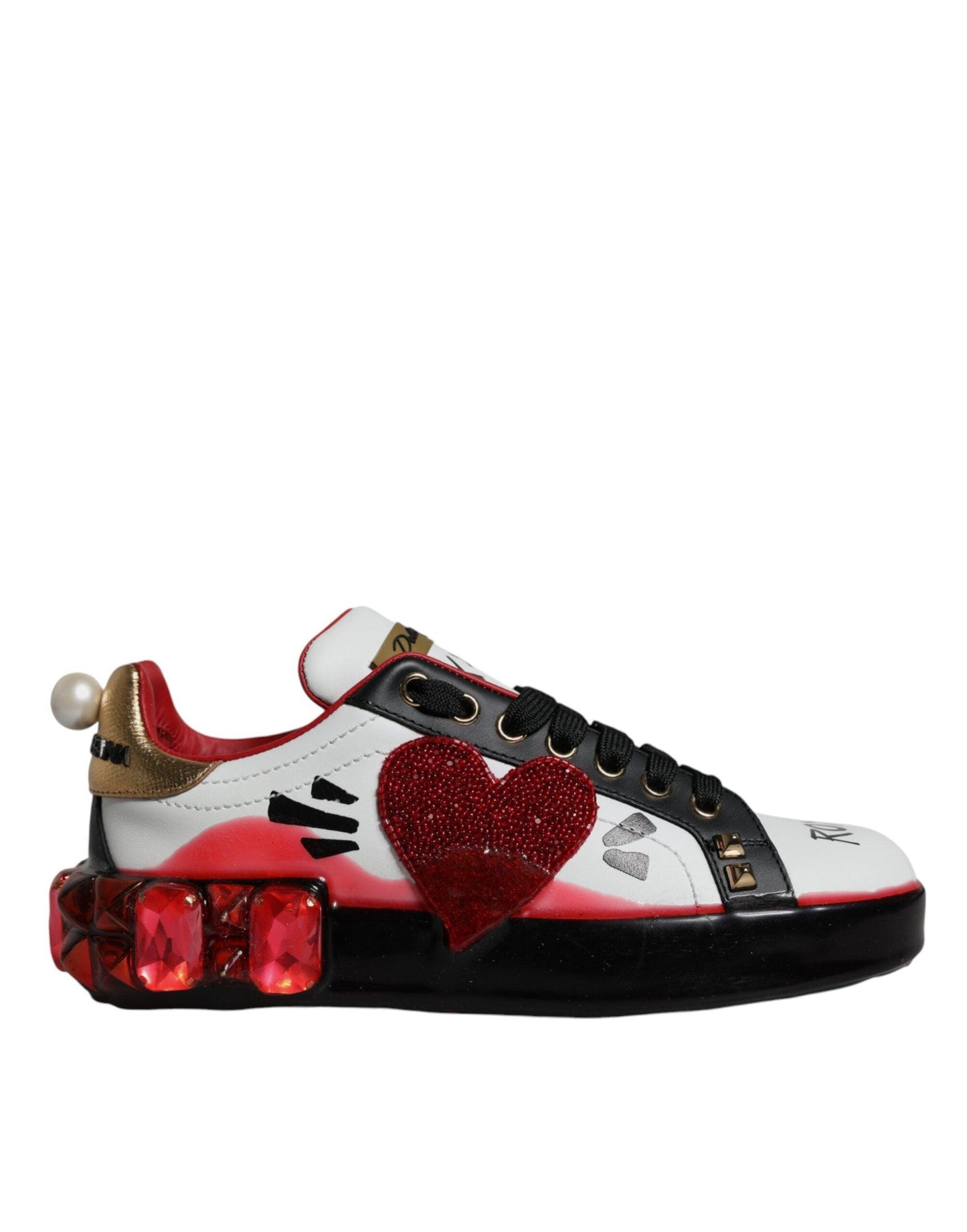 Dolce & Gabbana White Red Crystals Leather Portofino Sneakers Shoes - Arichezz.store