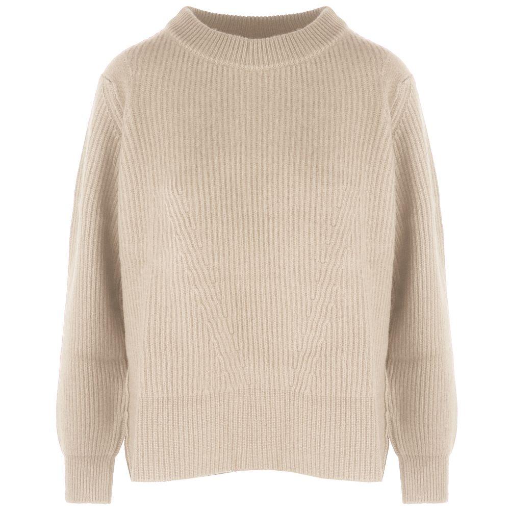 Malo Beige Cashmere Women Sweater with Ribbed Embroidery