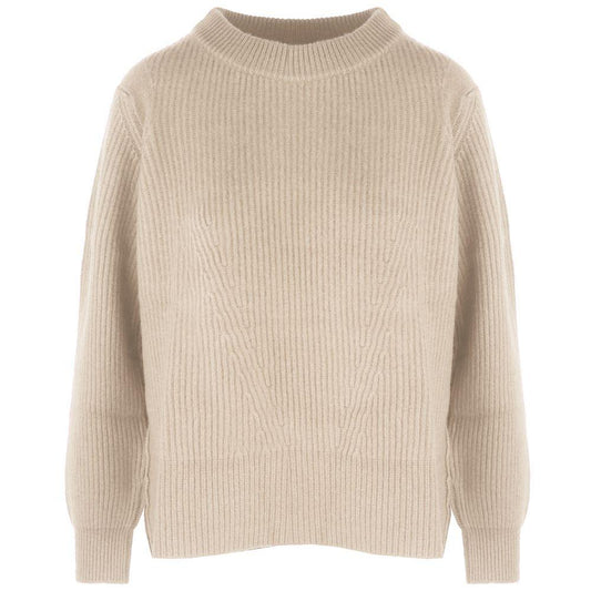 Malo Beige Cashmere Women Sweater with Ribbed Embroidery