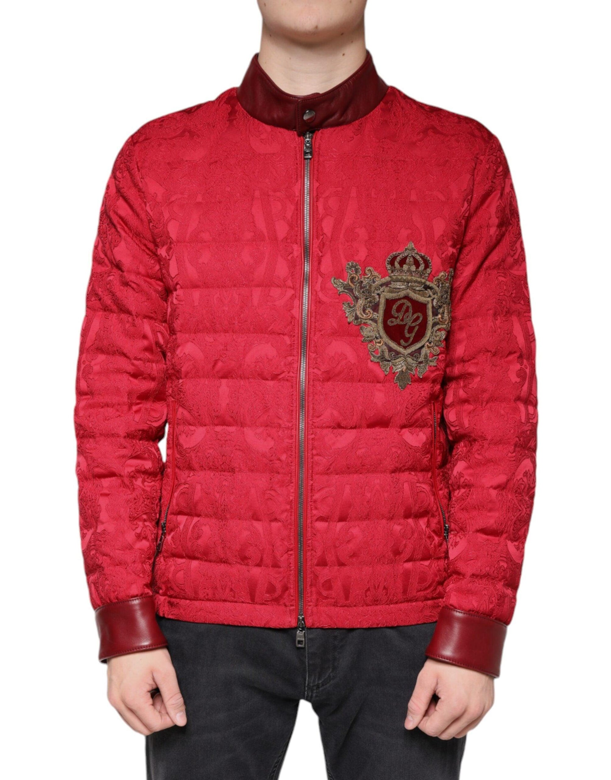 Dolce & Gabbana Red Quilted Bomber Gold Crown Logo Jacket - Arichezz.store