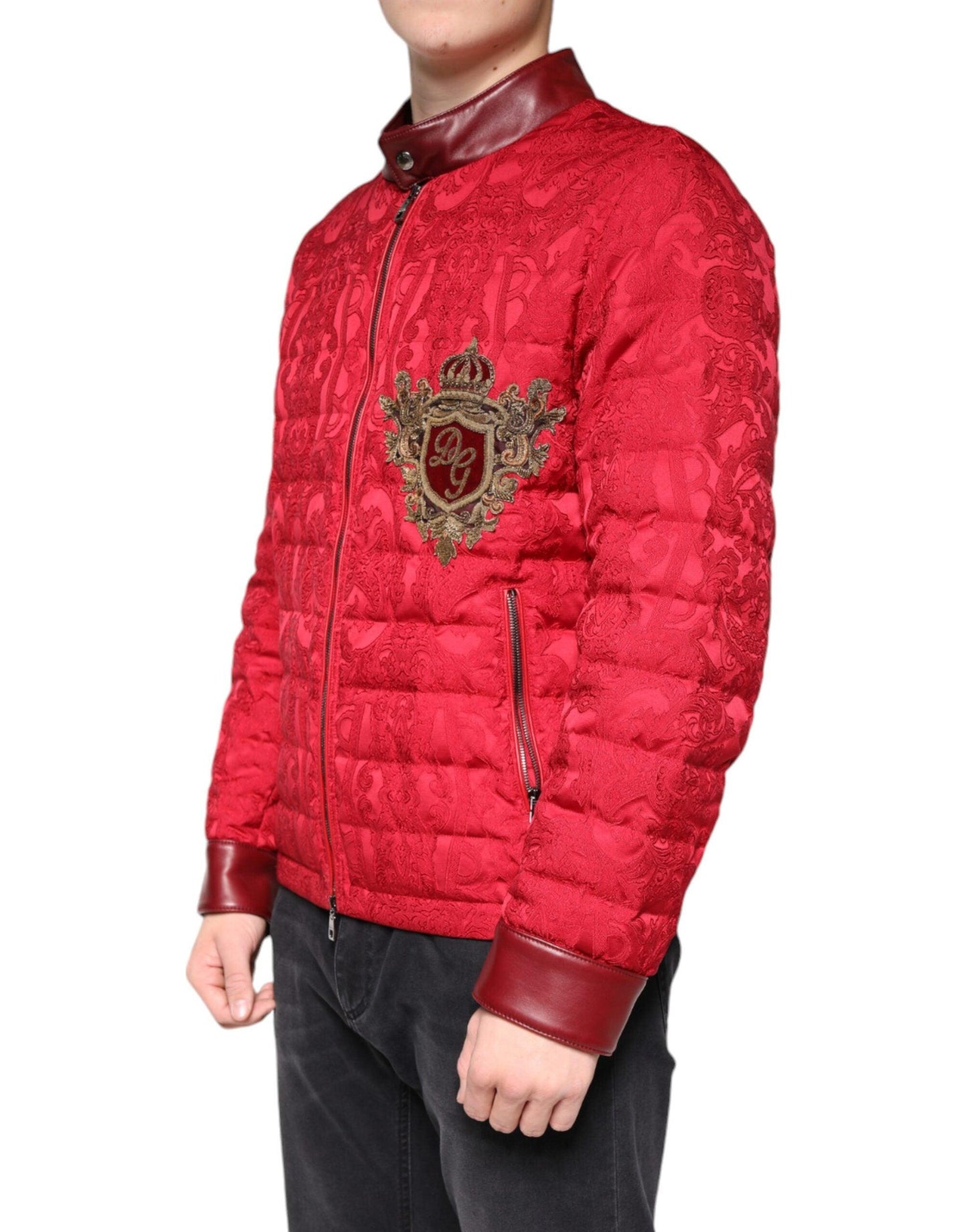 Dolce & Gabbana Red Quilted Bomber Gold Crown Logo Jacket - Arichezz.store