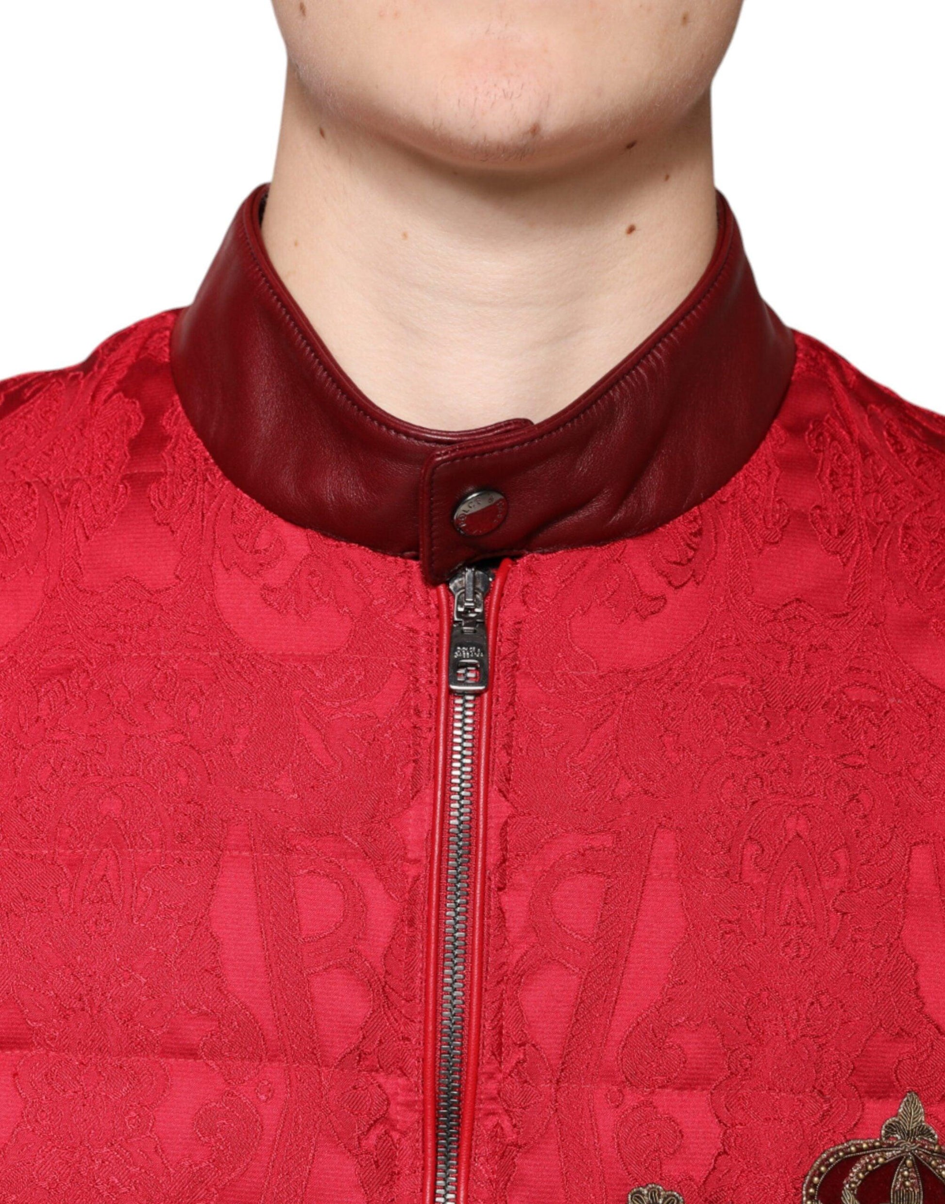 Dolce & Gabbana Red Quilted Bomber Gold Crown Logo Jacket - Arichezz.store