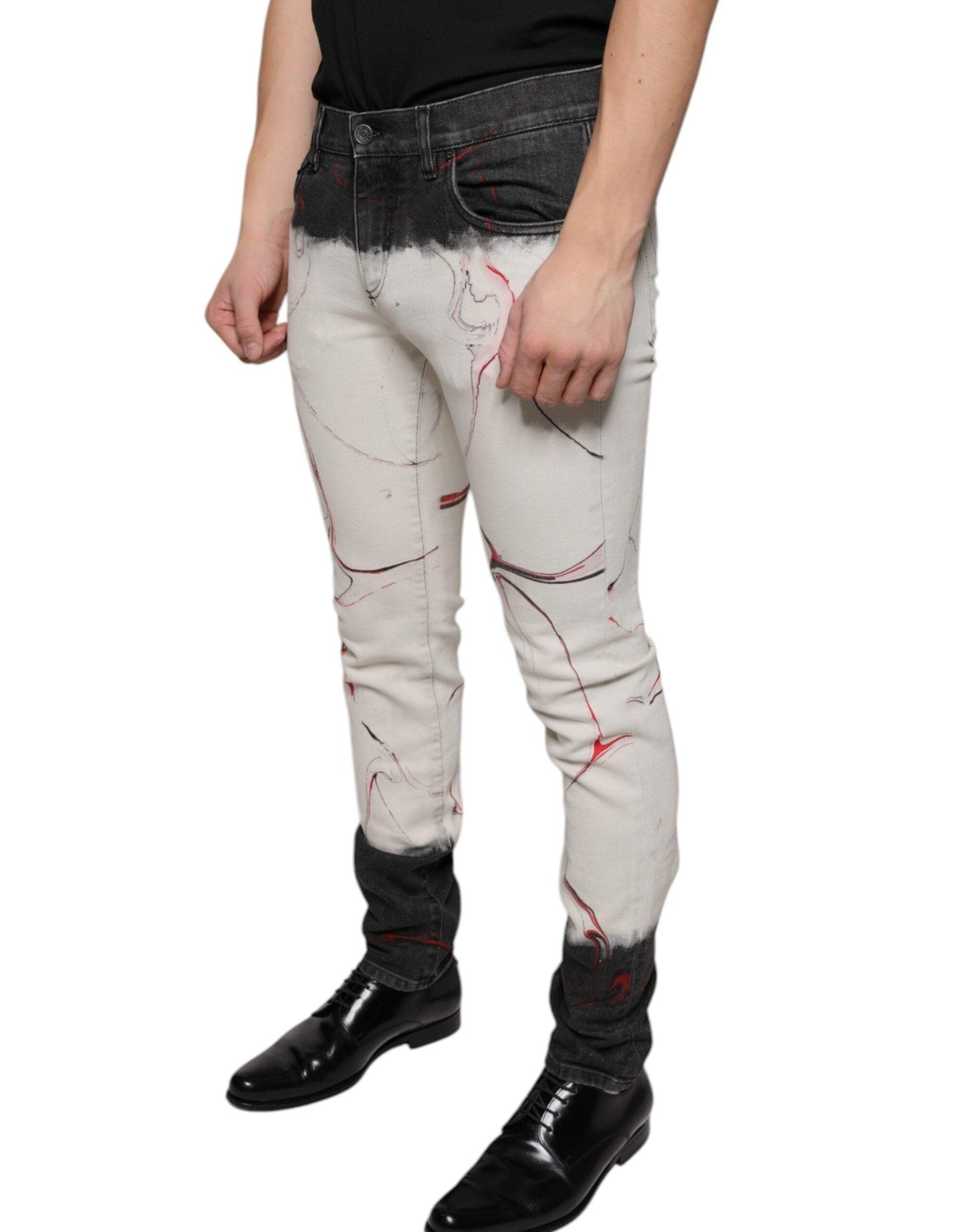 Dolce & Gabbana Black White Printed Skinny Men Denim Jeans - Arichezz.store