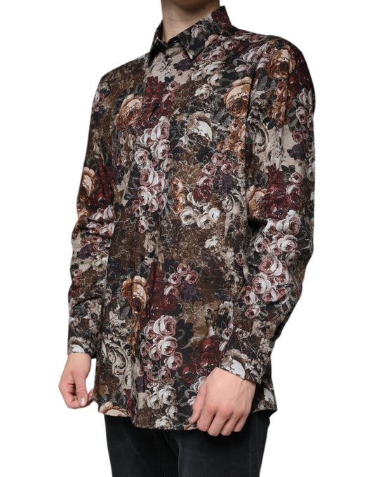 Dolce & Gabbana Multicolor Floral Cotton Men Dress GOLD Shirt - Arichezz.store