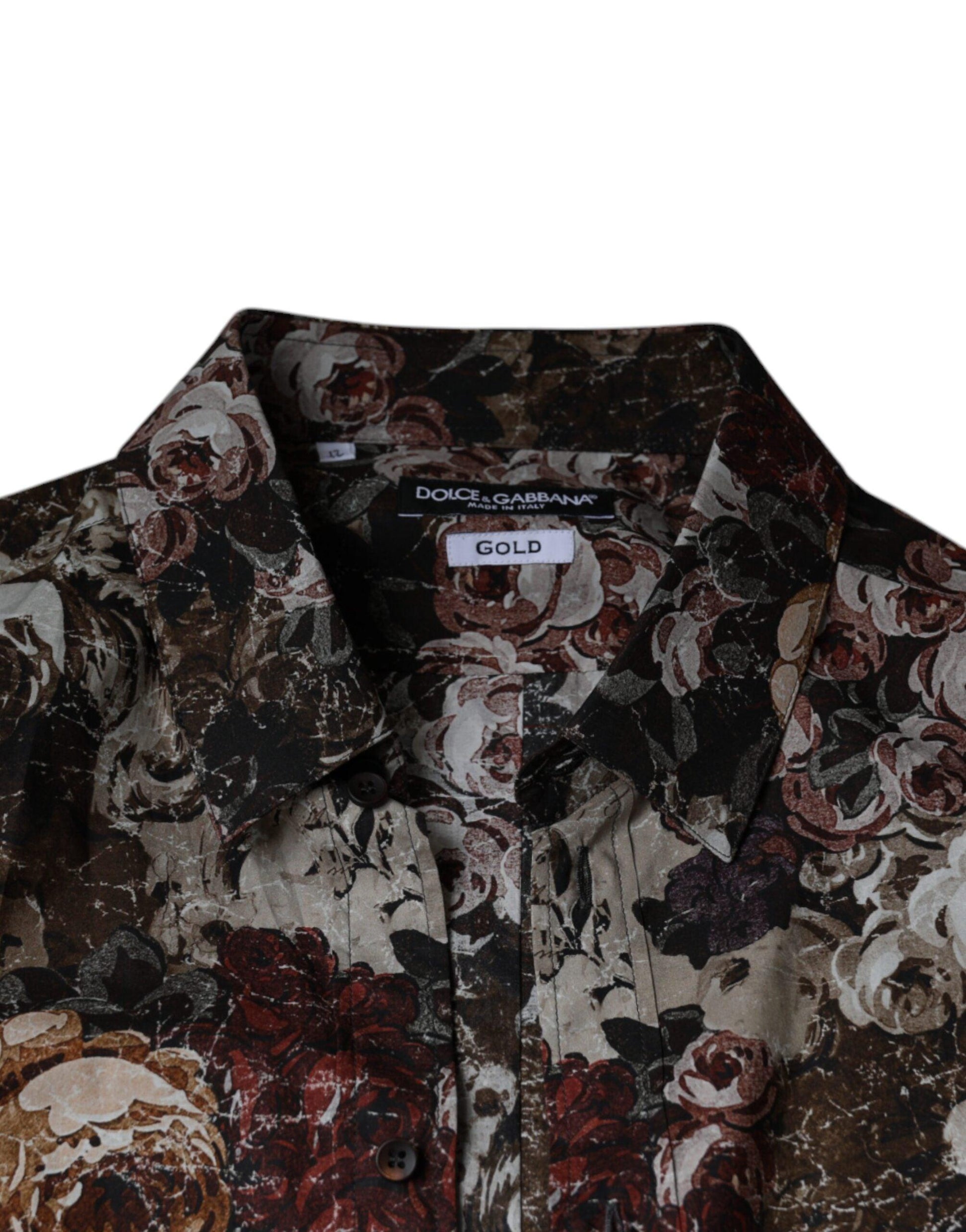 Dolce & Gabbana Multicolor Floral Cotton Men Dress GOLD Shirt - Arichezz.store