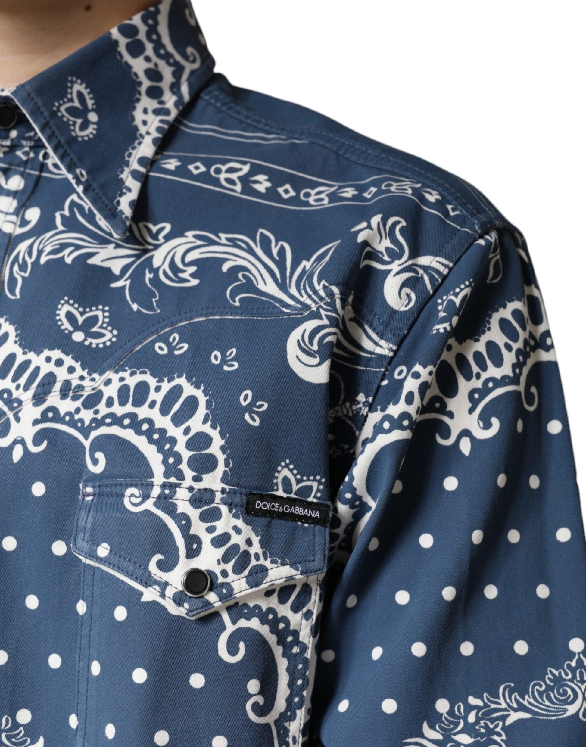 Dolce & Gabbana Blue White Bandana Print Cotton Casual Shirt - Arichezz.store