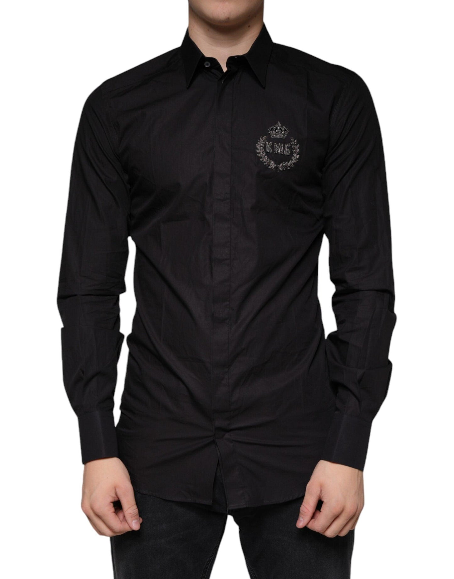 Dolce & Gabbana Black King Crown Embroidered GOLD Dress Shirt - Arichezz.store