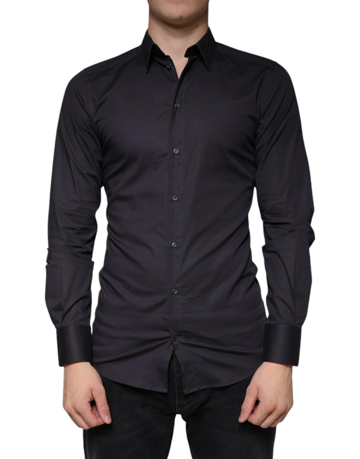 Dolce & Gabbana Black Cotton Stretch Dress GOLD Formal Shirt - Arichezz.store