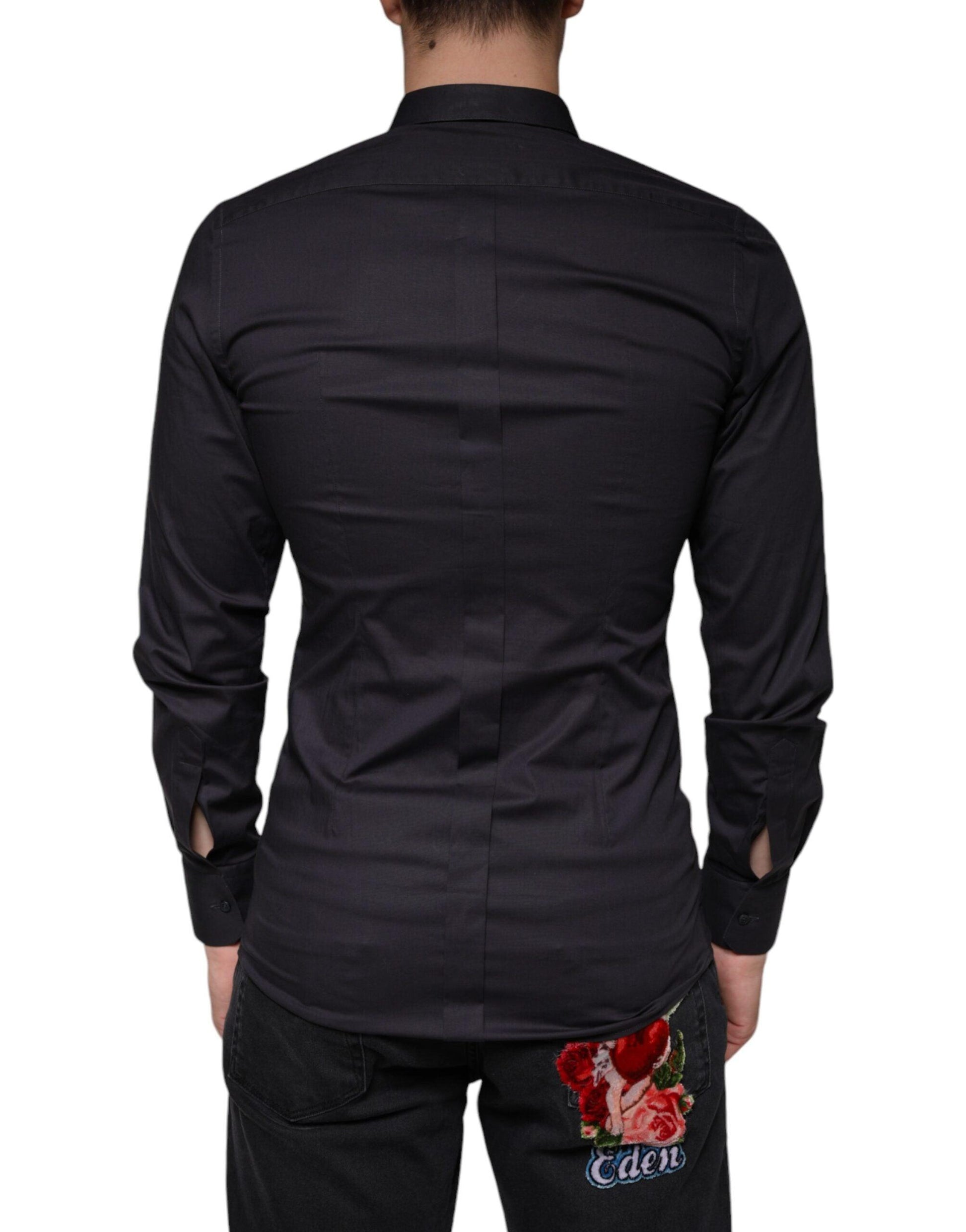 Dolce & Gabbana Black Cotton Stretch Dress GOLD Formal Shirt - Arichezz.store