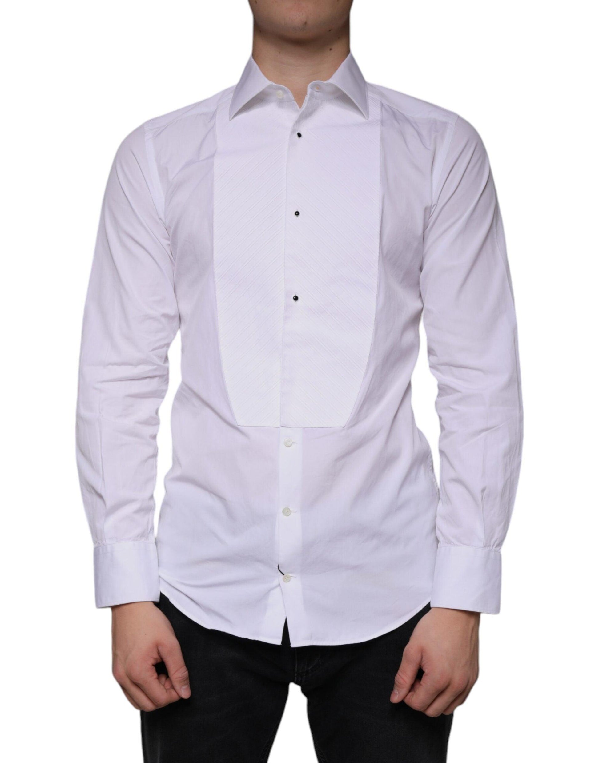 Dolce & Gabbana White Bib Cotton Poplin GOLD Men Formal Shirt - Arichezz.store