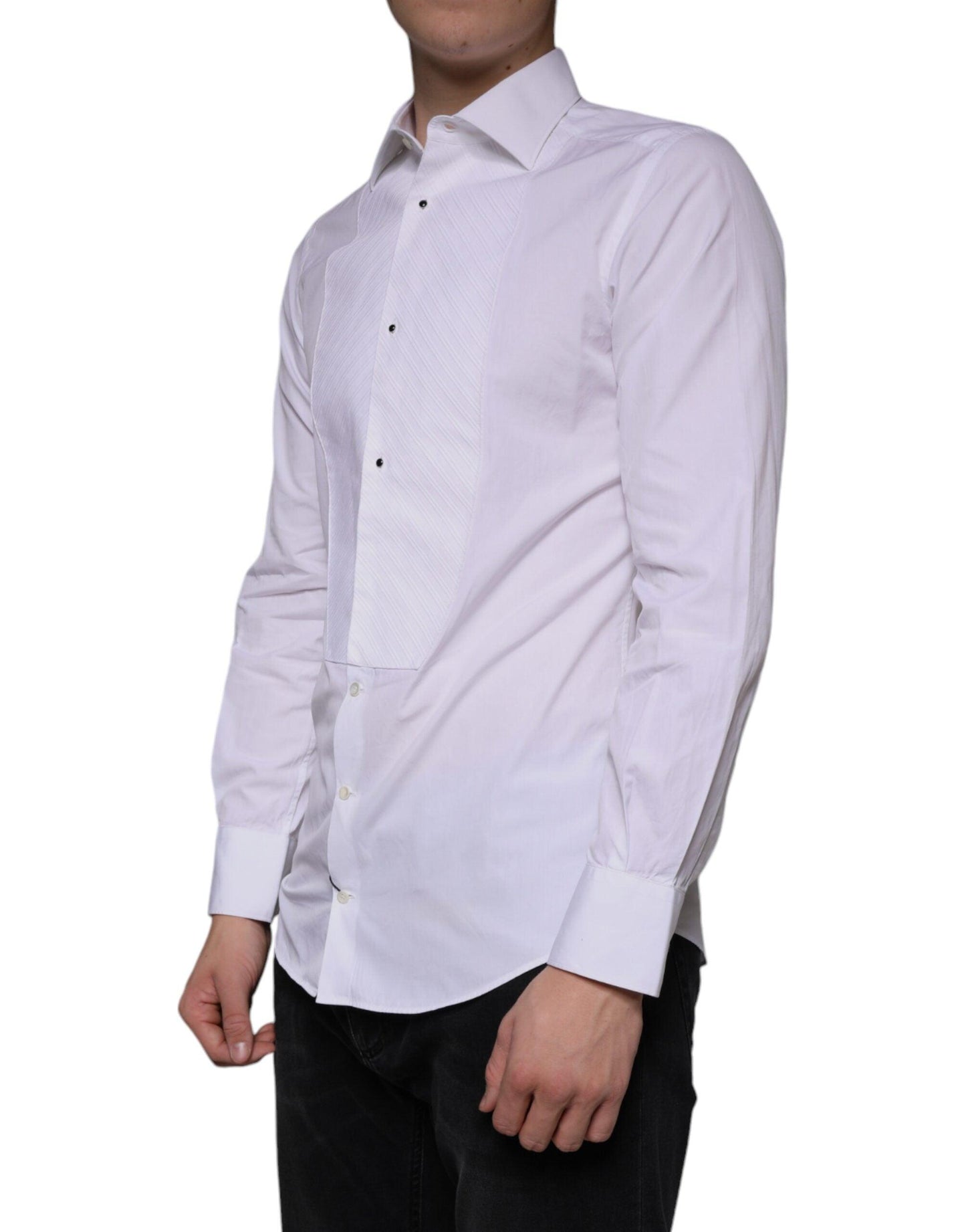 Dolce & Gabbana White Bib Cotton Poplin GOLD Men Formal Shirt - Arichezz.store