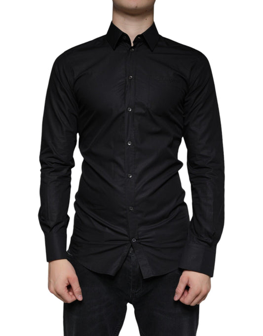 Dolce & Gabbana Black Cotton Stretch Dress GOLD Formal Shirt - Arichezz.store