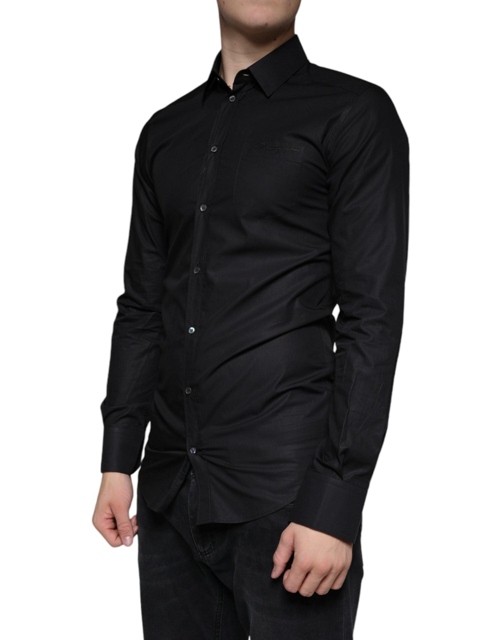 Dolce & Gabbana Black Cotton Stretch Dress GOLD Formal Shirt - Arichezz.store