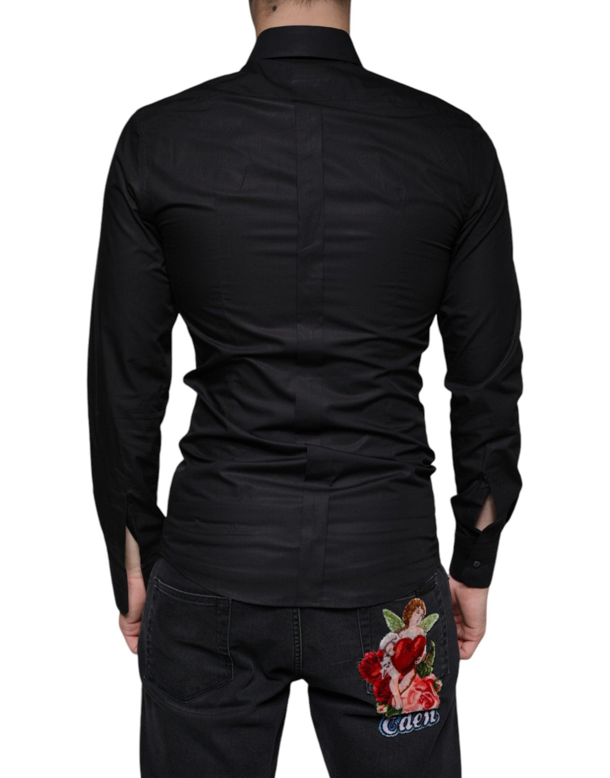 Dolce & Gabbana Black Cotton Stretch Dress GOLD Formal Shirt - Arichezz.store