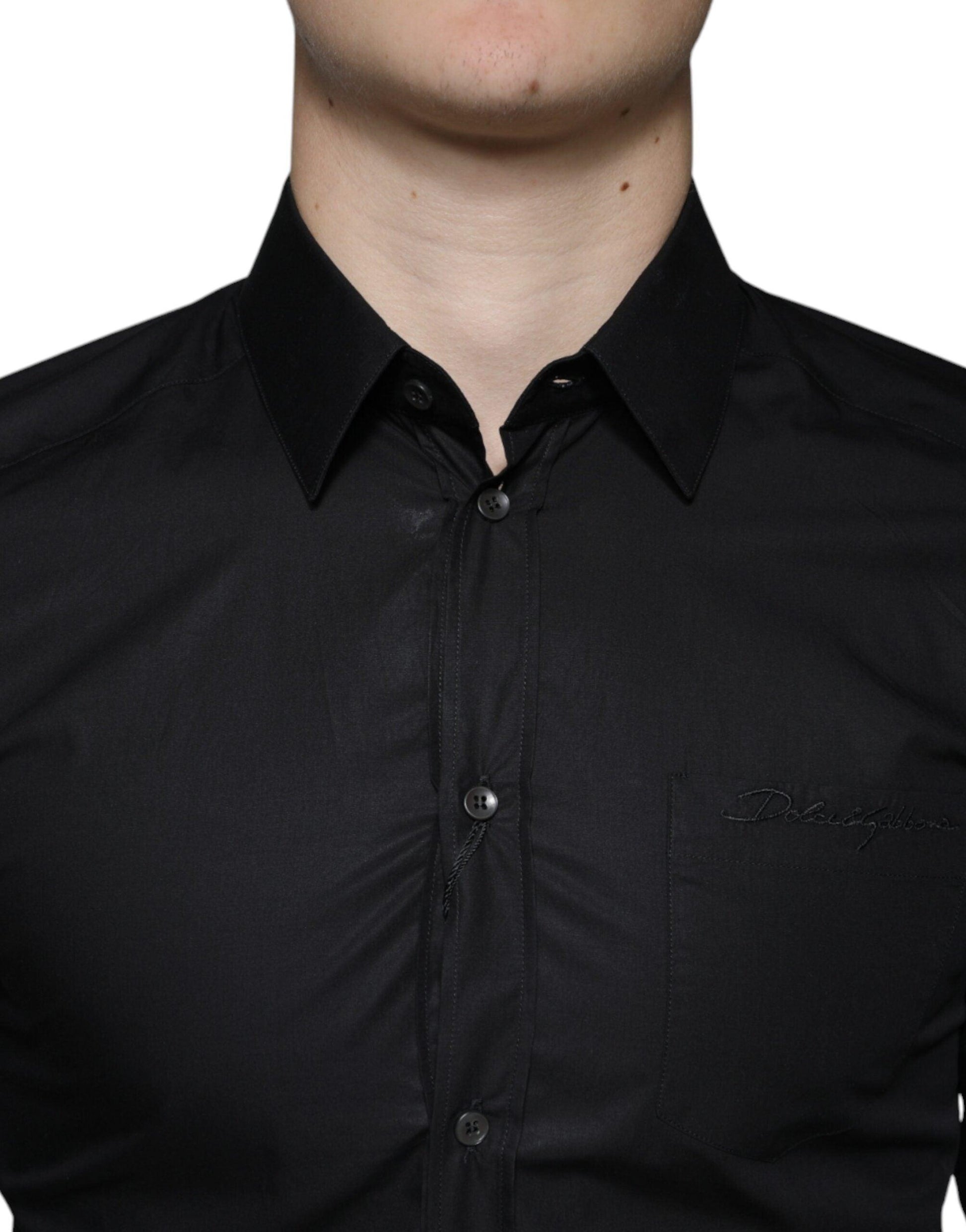 Dolce & Gabbana Black Cotton Stretch Dress GOLD Formal Shirt - Arichezz.store