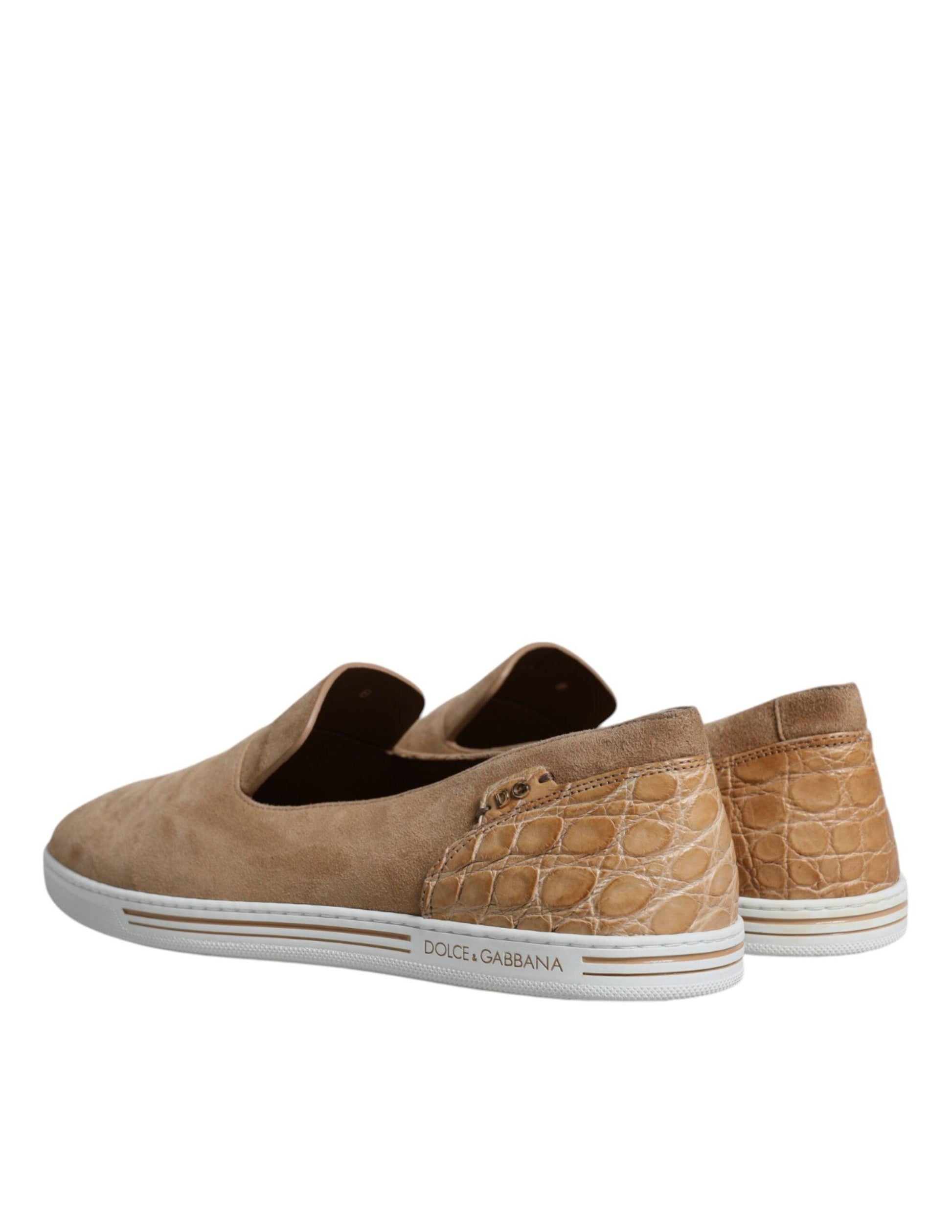 Dolce & Gabbana Beige Suede Caiman Loafers Slippers Shoes - Arichezz.store