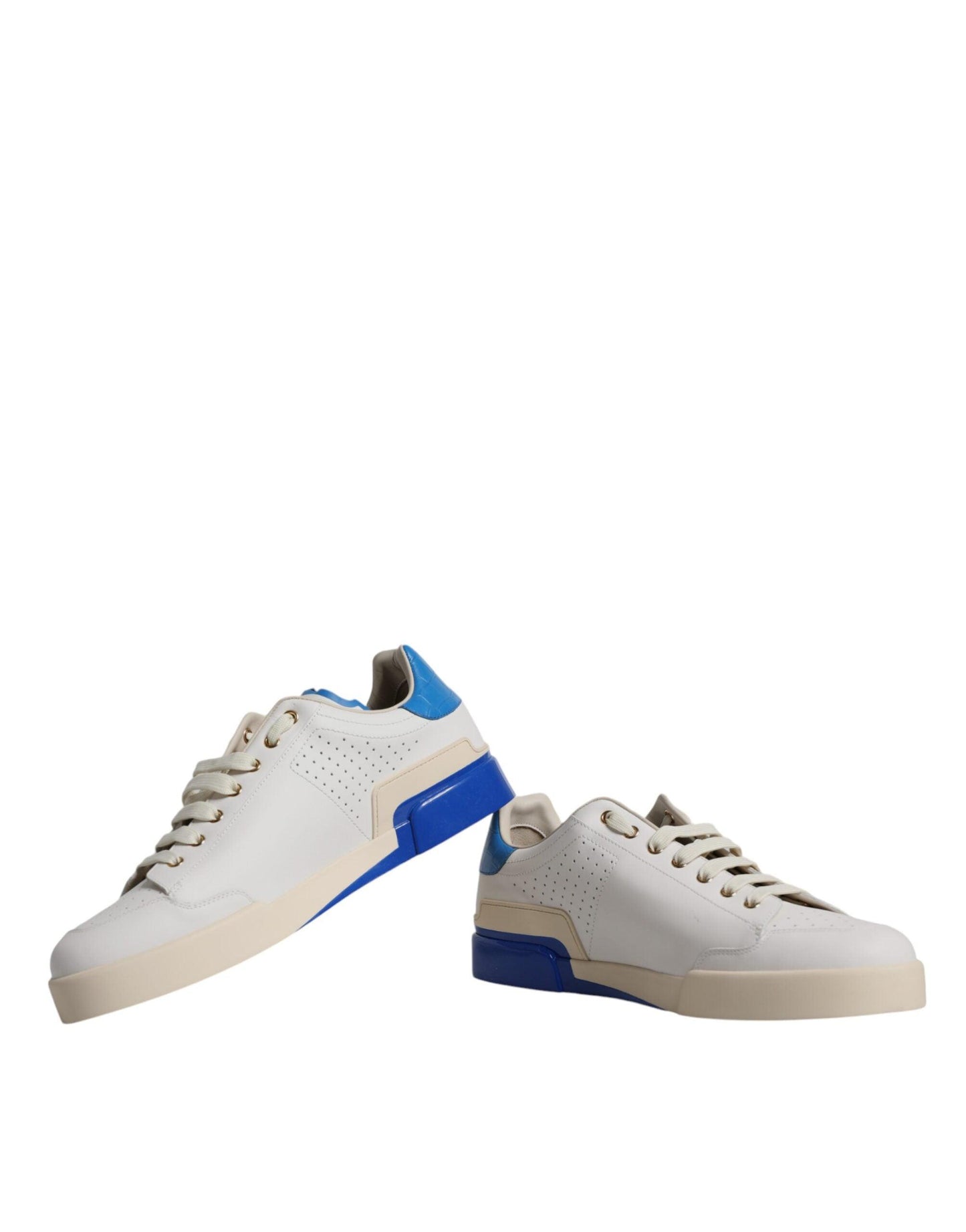 Dolce & Gabbana White Blue Perforated Low Top Sneakers Shoes - Arichezz.store