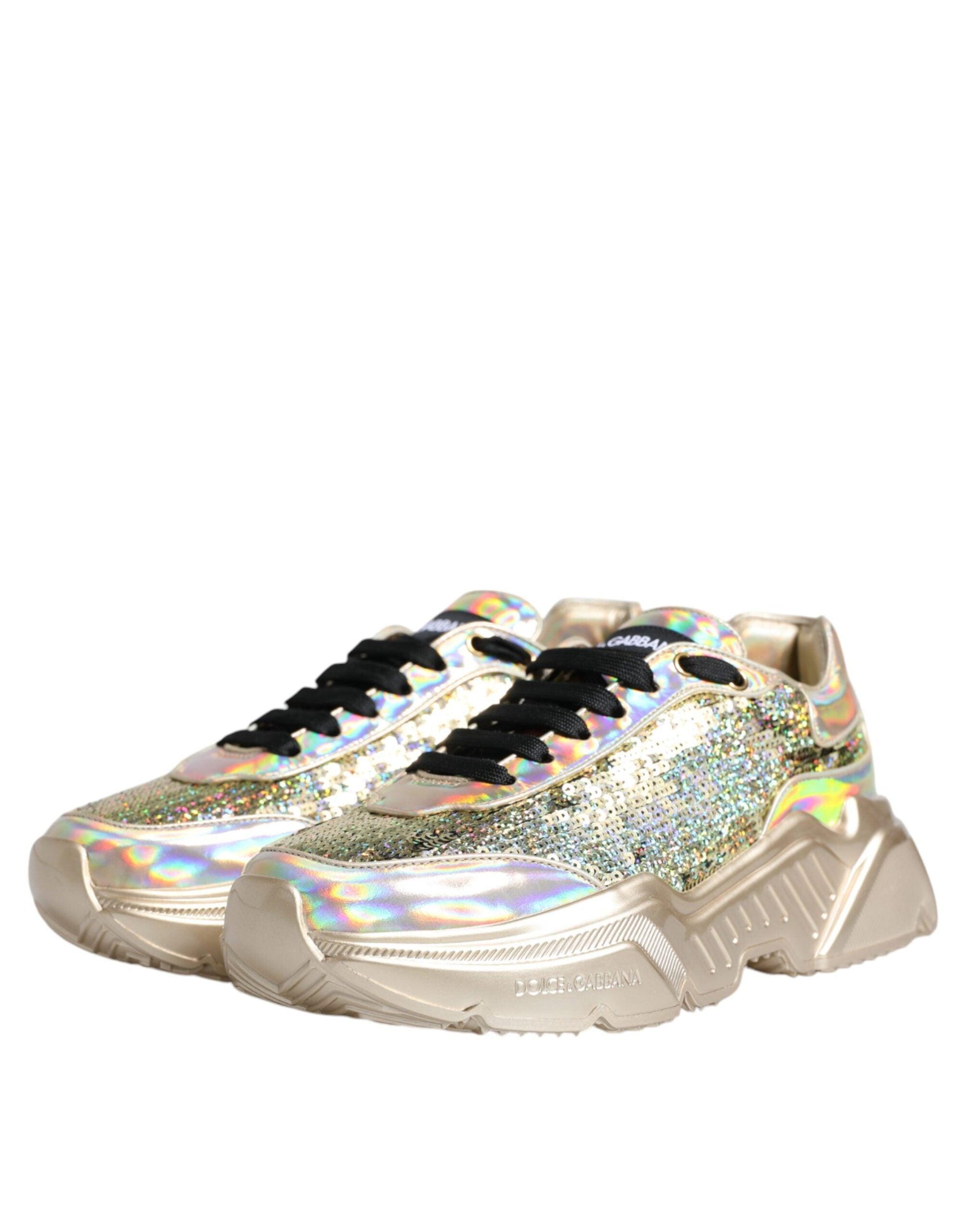 Dolce & Gabbana Gold Sequin Iridiscent Daymaster Sneakers Shoes - Arichezz.store