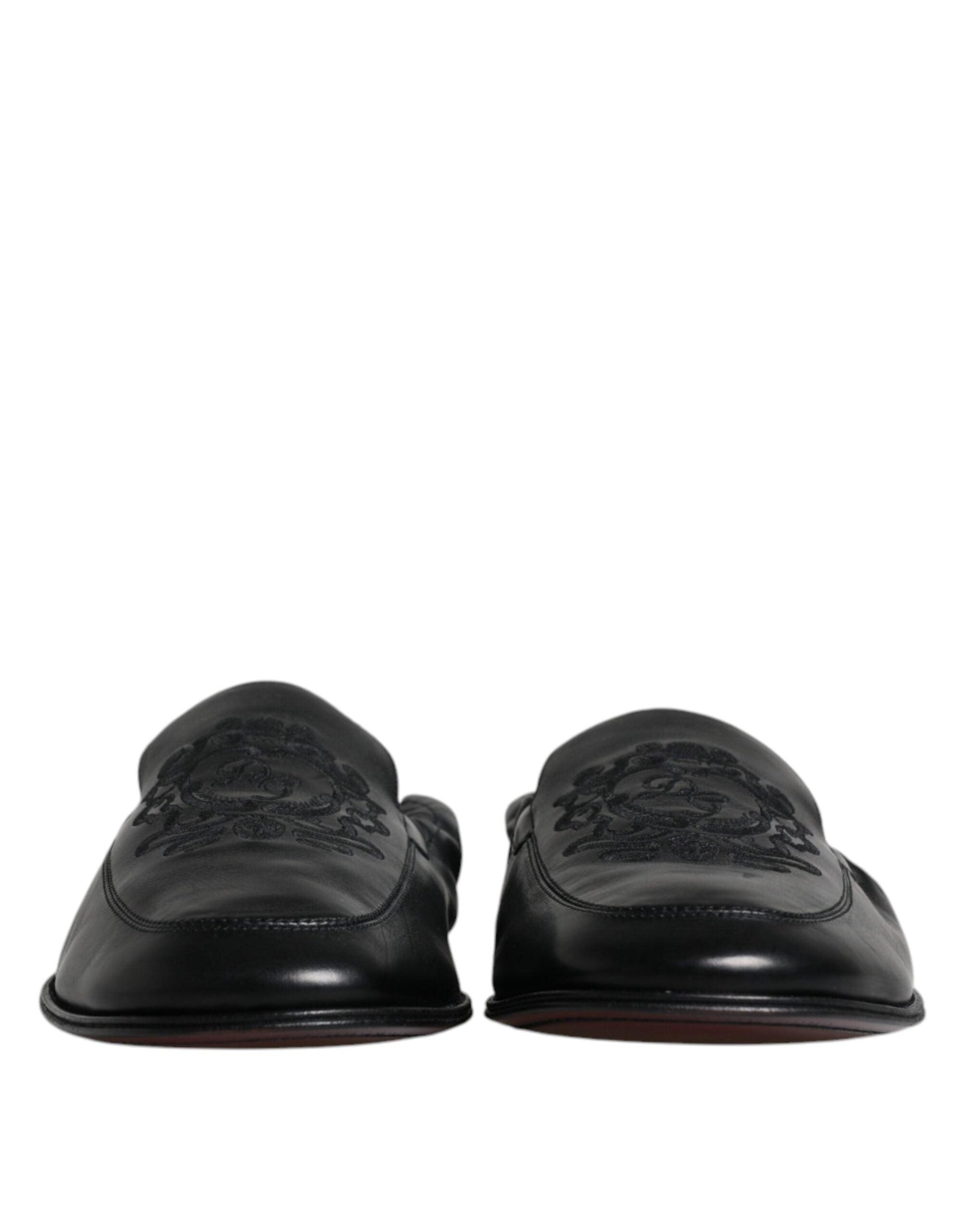 Dolce & Gabbana Black Logo Embroidered Leather Loafer Men Dress Shoes - Arichezz.store