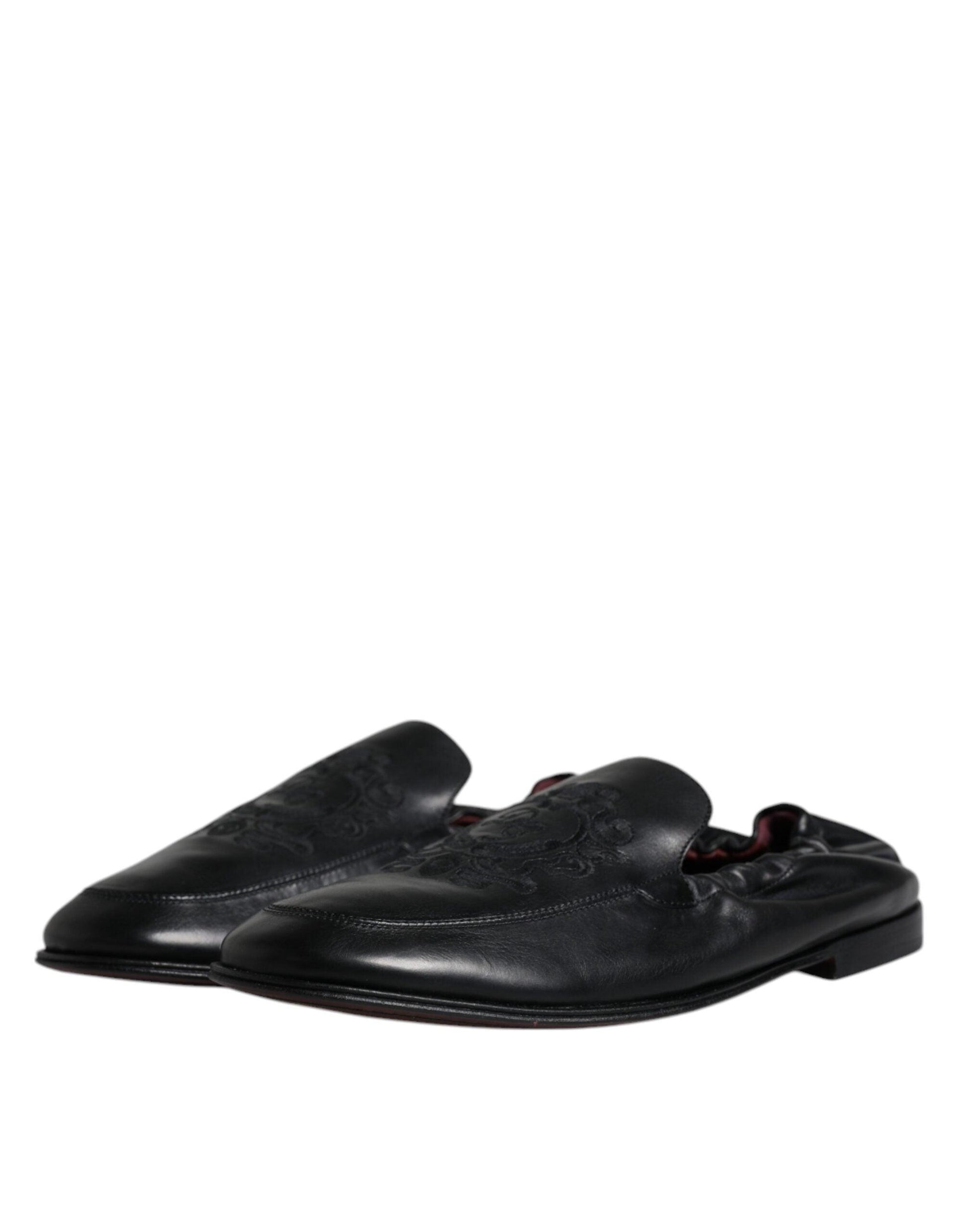 Dolce & Gabbana Black Logo Embroidered Leather Loafer Men Dress Shoes - Arichezz.store