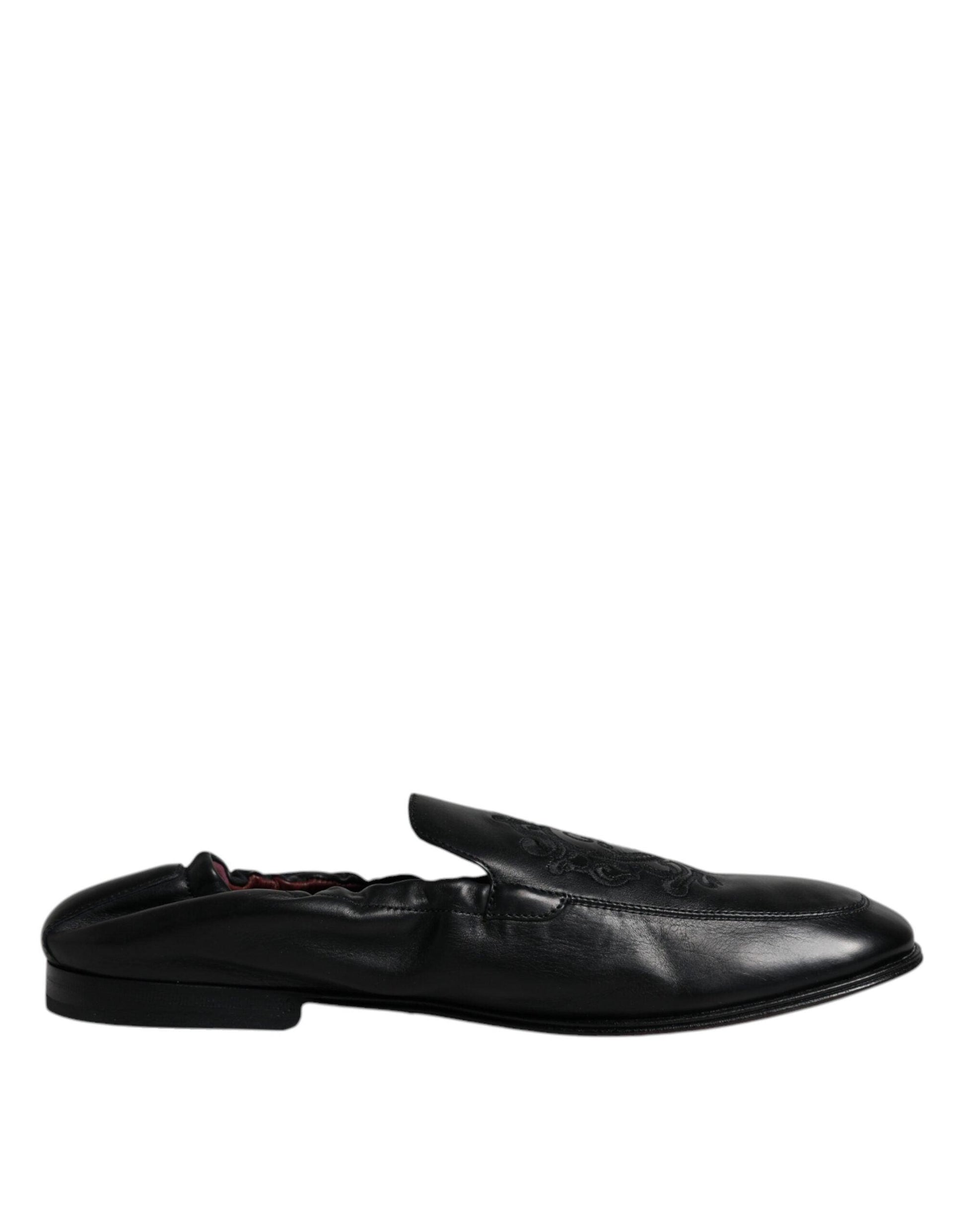 Dolce & Gabbana Black Logo Embroidered Leather Loafer Men Dress Shoes - Arichezz.store