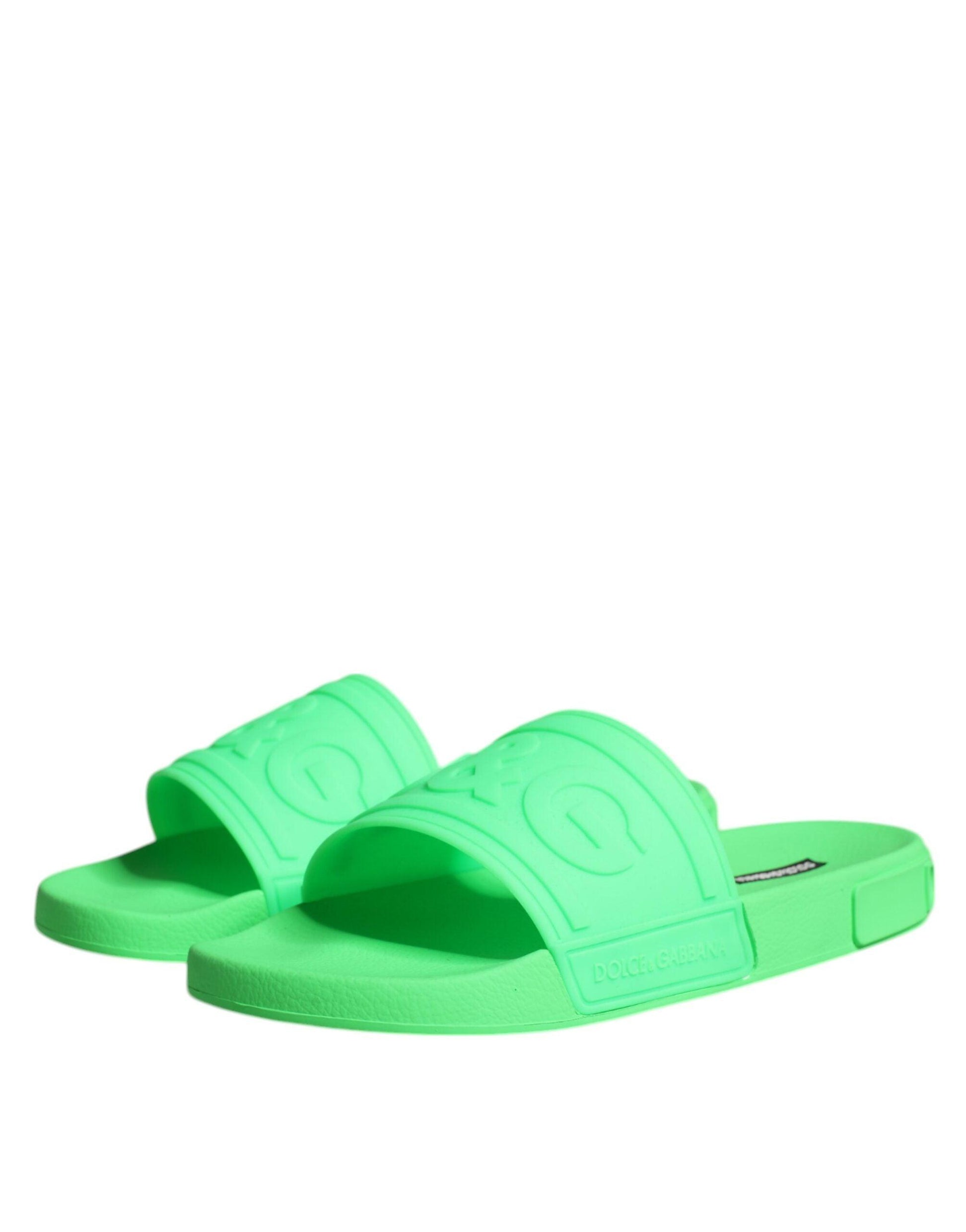 Dolce & Gabbana Green Leather Slides Sandals Beachwear Shoes - Arichezz.store