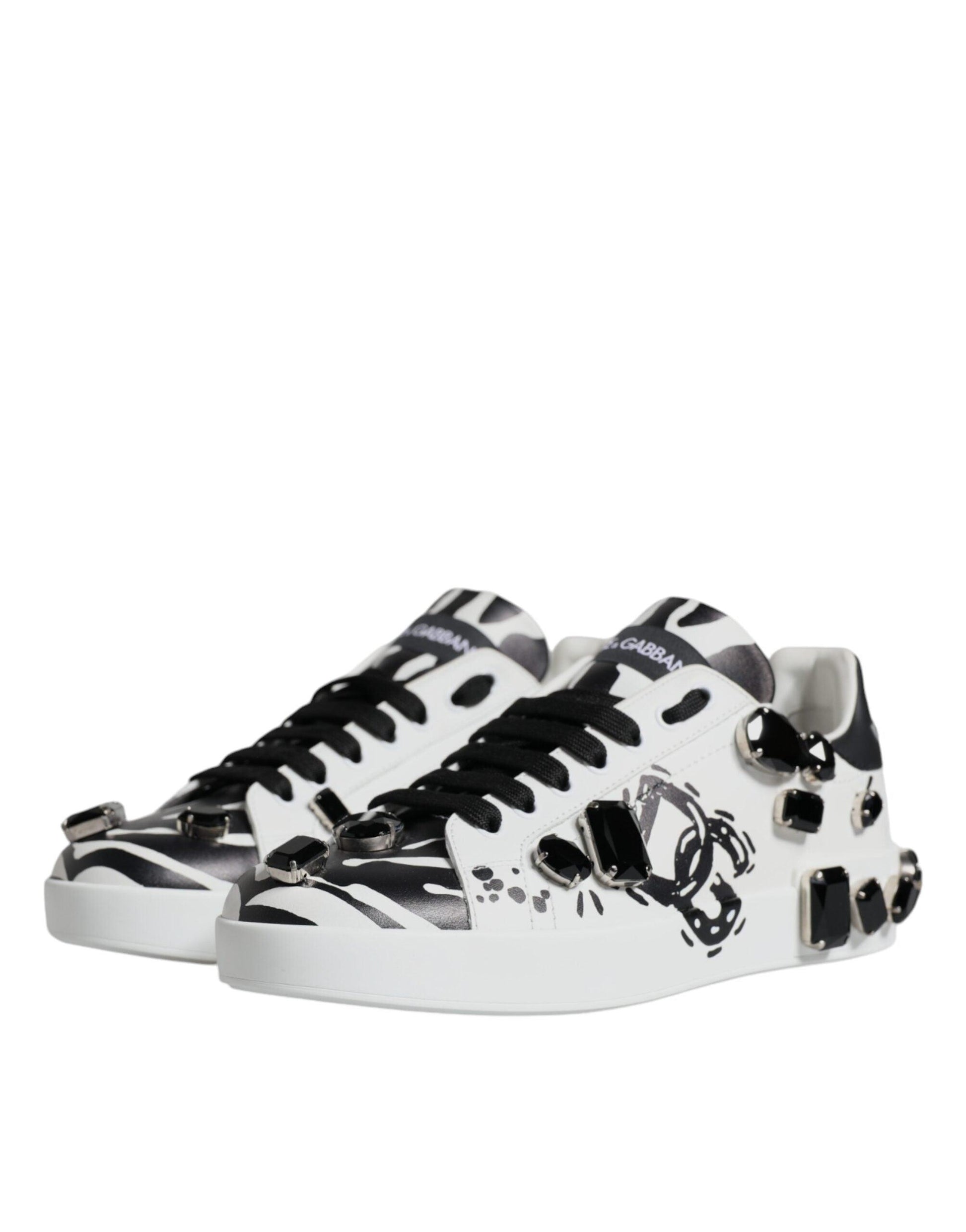 Dolce & Gabbana White Crystal Portofino Low Top Sneaker Shoes - Arichezz.store