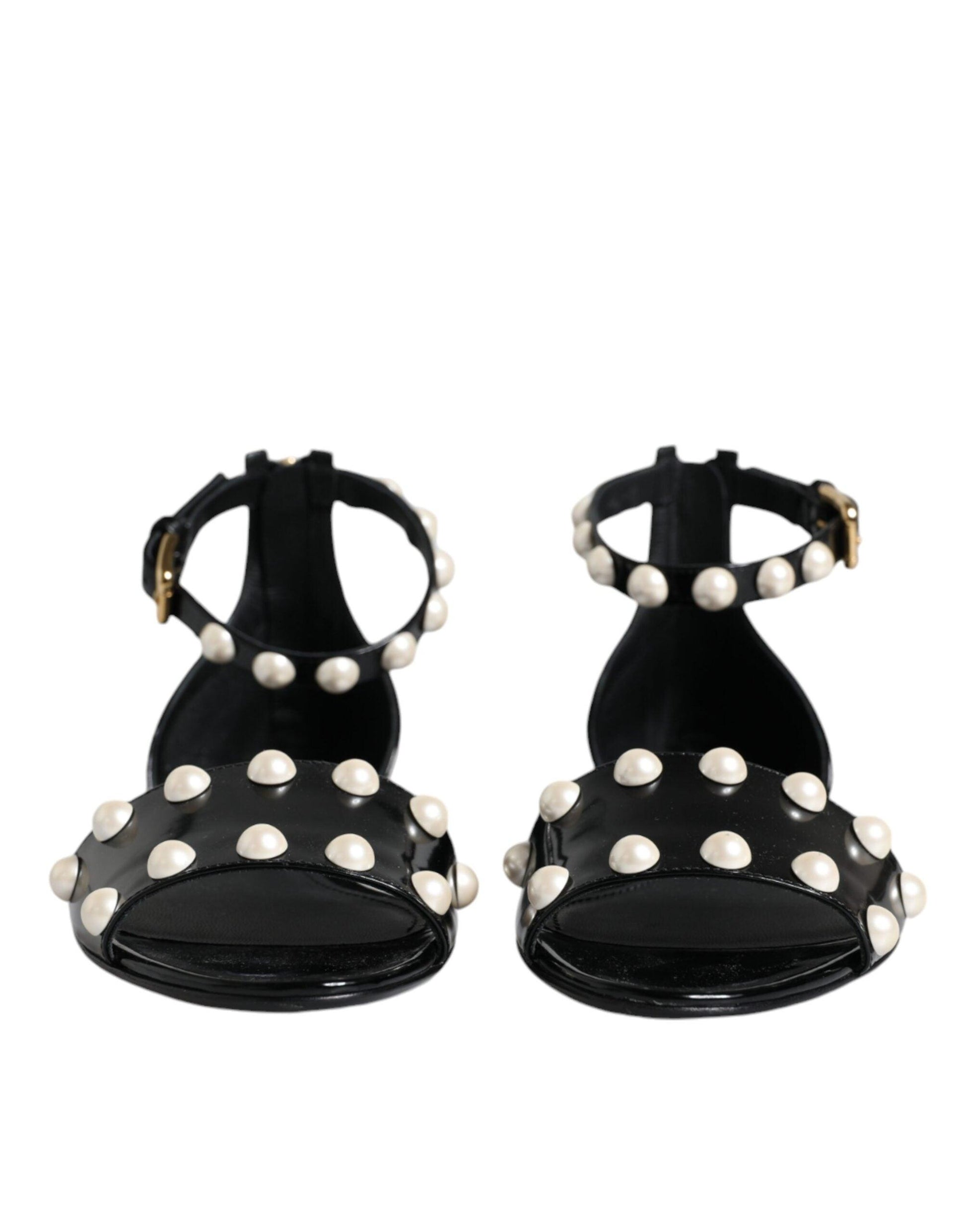 Dolce & Gabbana Black Leather Pearls Ankle Strap Sandals Shoes - Arichezz.store