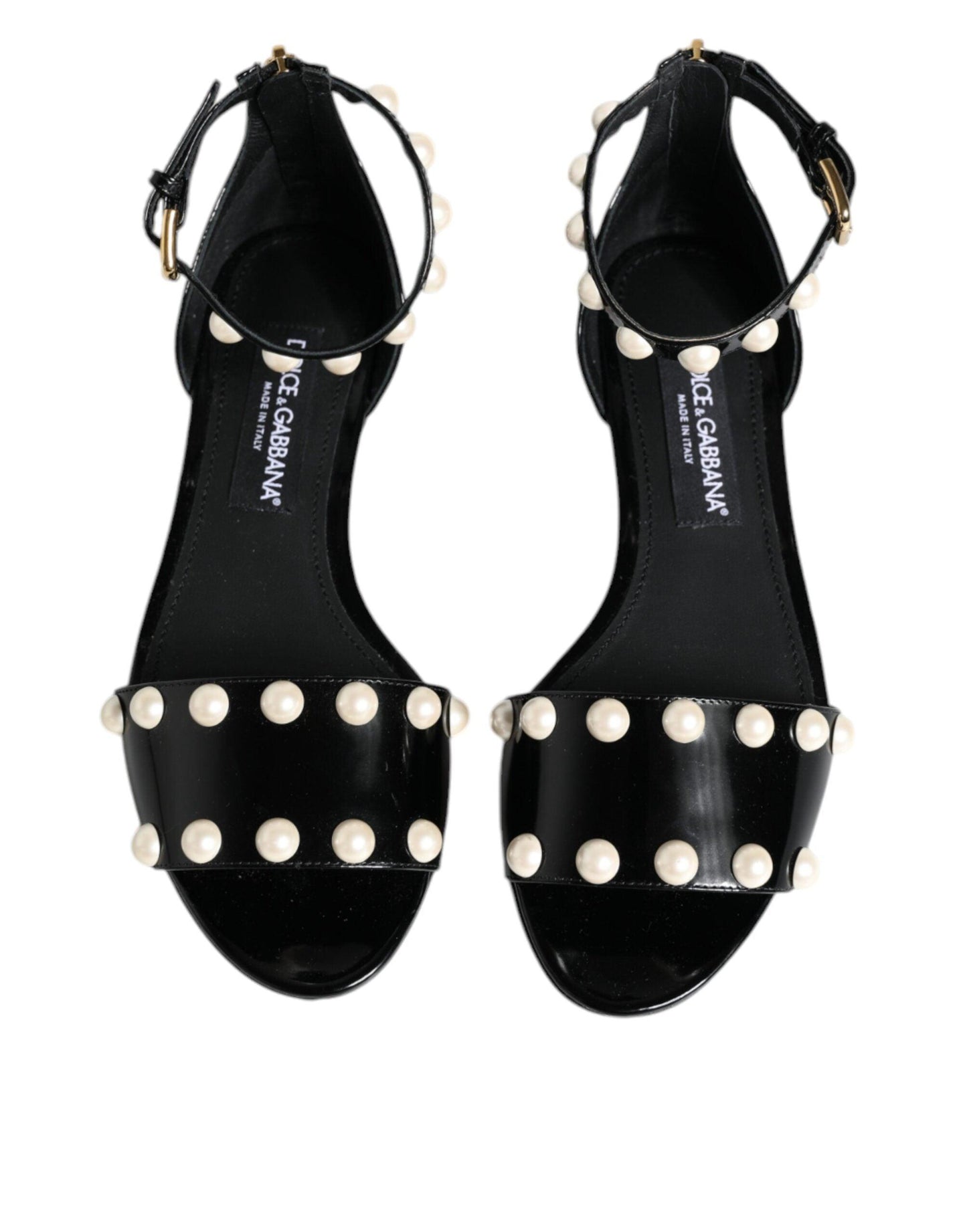 Dolce & Gabbana Black Leather Pearls Ankle Strap Sandals Shoes - Arichezz.store