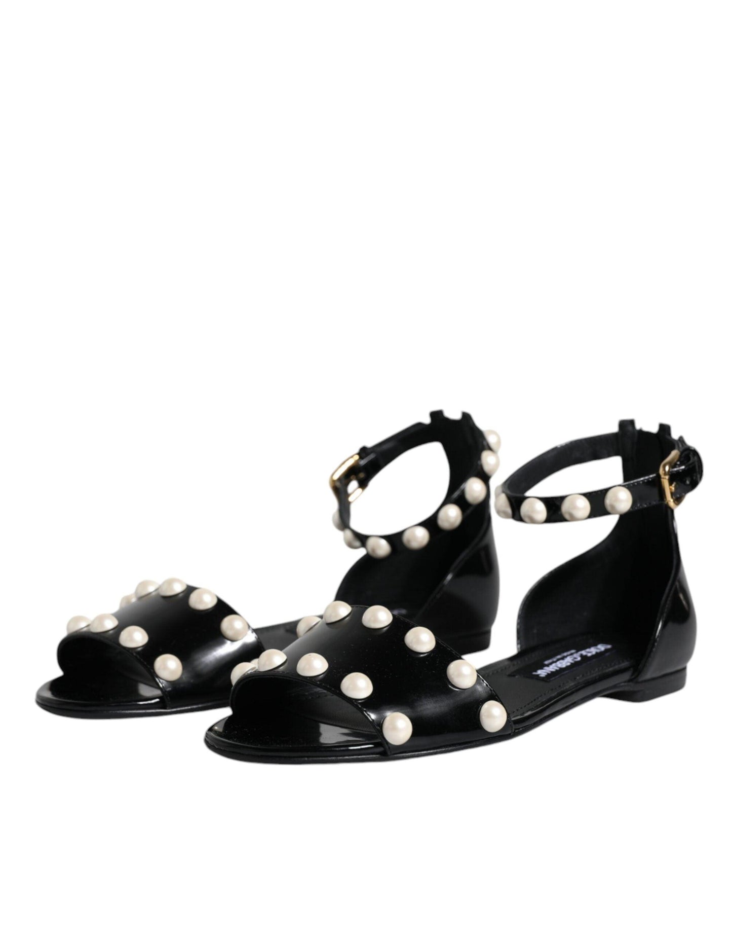 Dolce & Gabbana Black Leather Pearls Ankle Strap Sandals Shoes - Arichezz.store